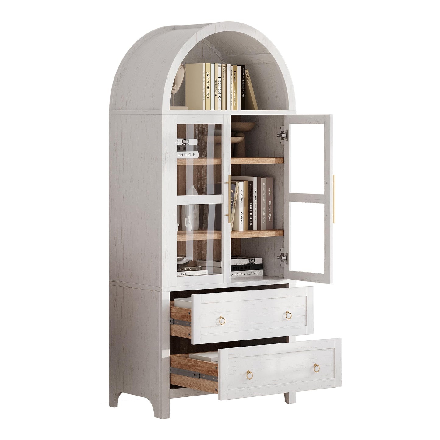 Merax 71" Tall Arched Farmhouse Pantry Cabinet with Glass Doors & 2 Large Drawers - Adjustable Shelves, Modern Kitchen Storage Cupboard for Dining Room, Living Room (30" W x 15.75" D), White