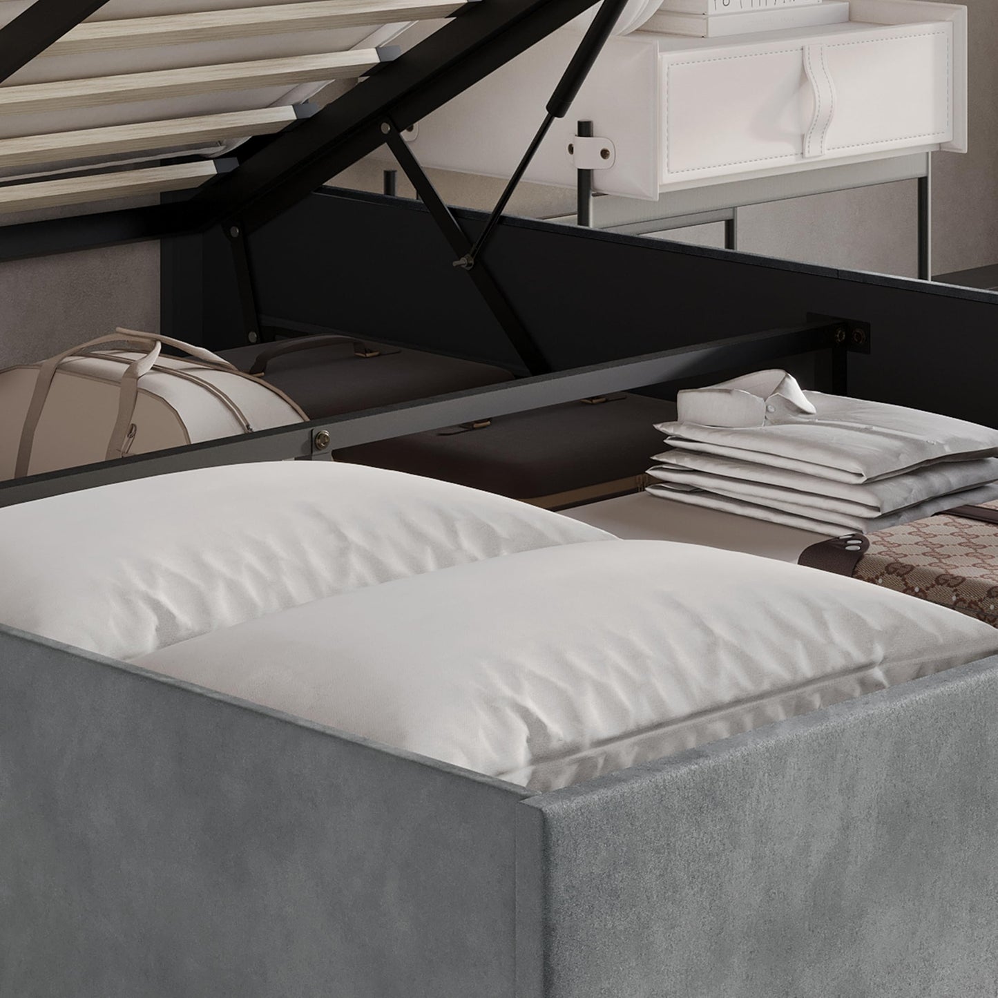 Castle Place Queen Wingback Velvet Upholstered Platform Lift-Up Storage Bed, Crystal Button Diamond Tufted and Diamond Strip Design, Light Grey