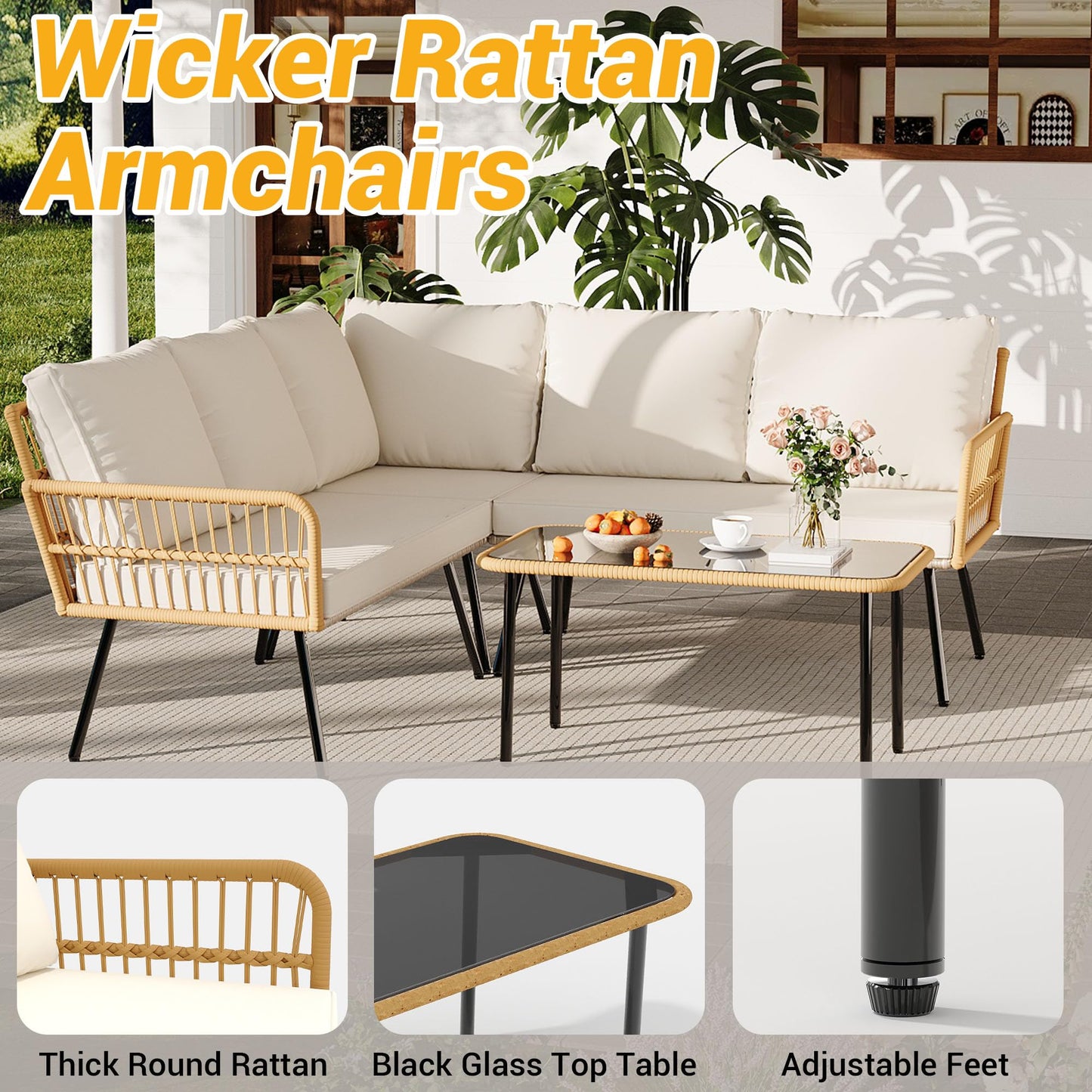 GarveeLife Wicker 4 Pieces Patio Furniture Sets Outdoor Sectional L-Shaped with Cushions & Side Table and Chairs Set, Boho Rattan 5 Seater Conversation Sets for Apartment, Bistro, Backyard,Porch,Beige