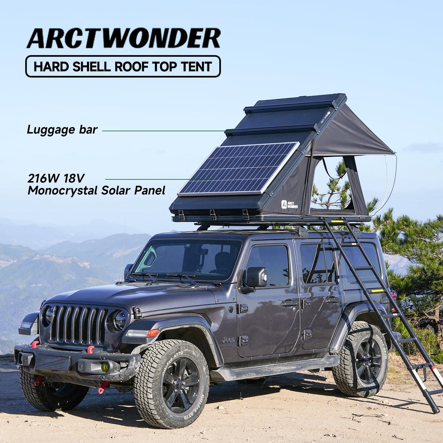 Rooftop Tent Hard Shell,Solar Panel Roof top Tent Hardshell, pop up Rooftop Camping for Jeep Truck Car SUV Van Wrangler.