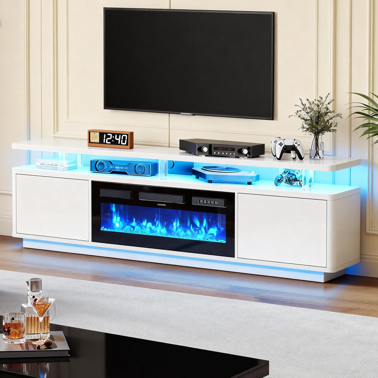 MXV 70" Fireplace TV Stand for TVs up to 80", Entertainment Center with 36" Fireplace & Double LED Lights, TV Console with Storage Cabinets for Living Room, Home Office, White