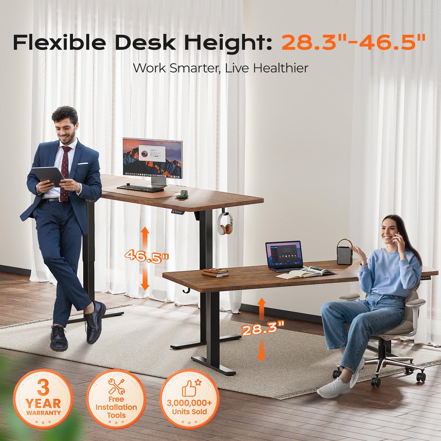 Huuger 71 x 30 Large Electric Standing Desk, Height Adjustable Computer Desk, 29.5" Deep Desktop, Stand up Gaming Office Table with 2 Hooks, 3 Preset Heights, for Home Office, Rustic Brown
