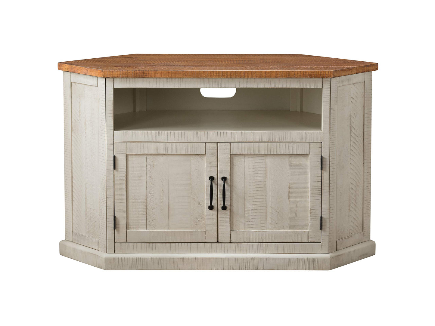 Martin Svensson Rustic Solid Wood TV Stand - Antique White and Honey Tobacco Finish - Hexagonal Shape and Farmhouse Design Entertainment Center with Shelves Included