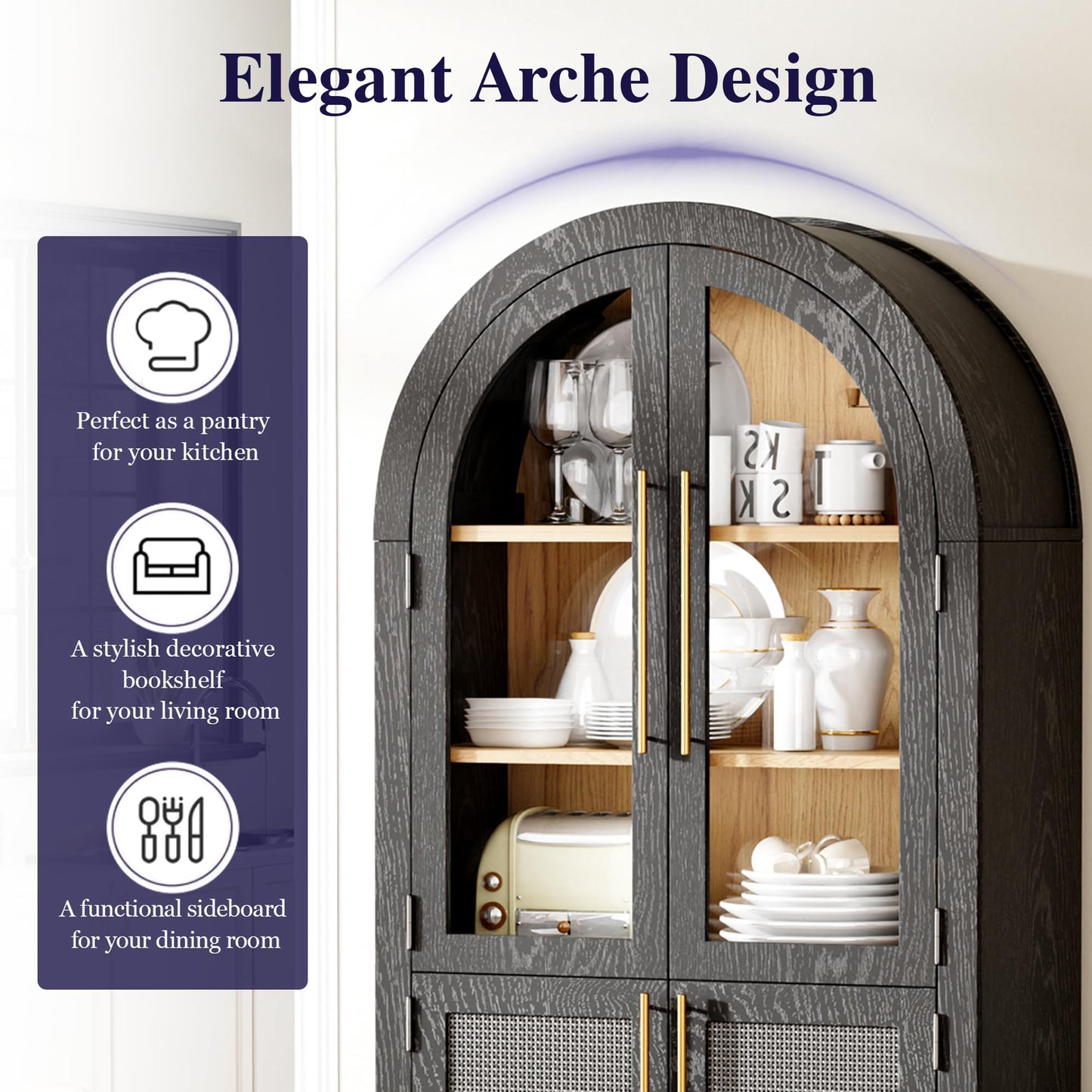TRUNBACK 71" Tall Arched Cabinet with Glass Doors, Kitchen Pantry Storage Cabinet with Dust-Proof Rattan, 5-Tier Curio China Cabinet with Adjustable Shelves for Living Room Dining Room, Black