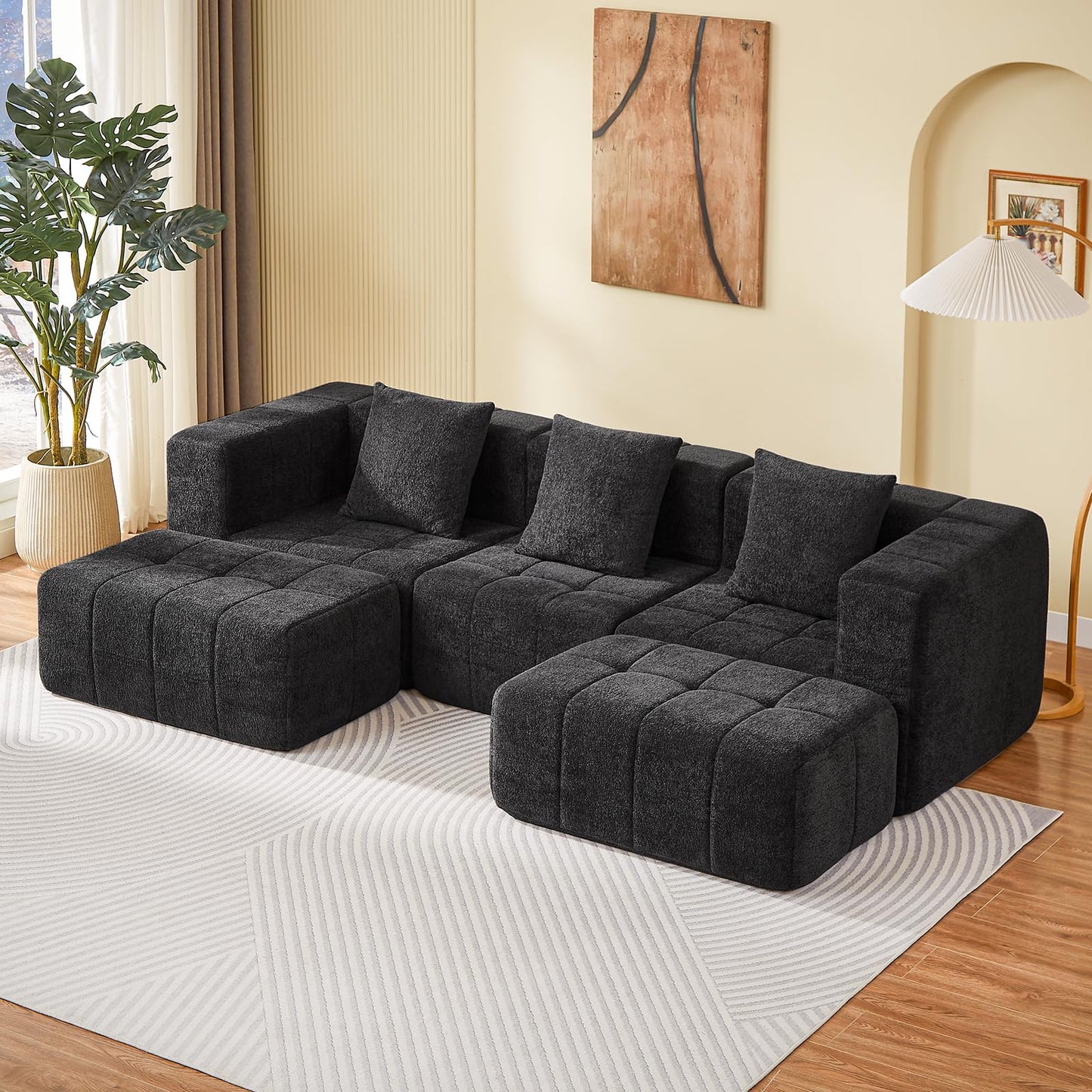 Housiney Modular Sectional Sofa with Deep Seat, 98'' 5 Seater Boneless Cloud Couch with Ottoman, No Assembly Required, Modern Plush Corduroy Cloud Couches for Living Room & Apartment, Black