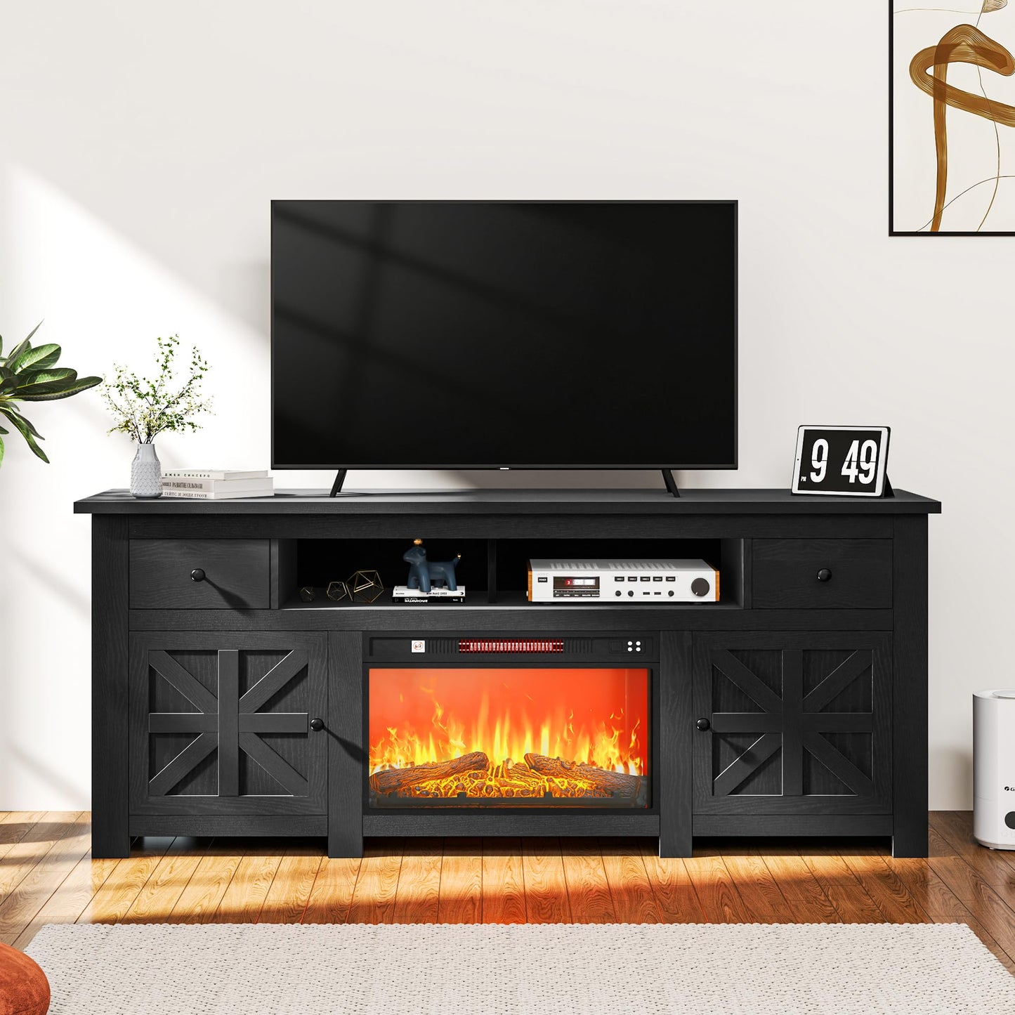 DWVO TV Stand with Fireplace for 75 Inch TVs, Entertainment Center with Power Outlet, Electric Fireplace TV Stands for Living Room, TV Console with Storage Drawers & Cabinets (Black)