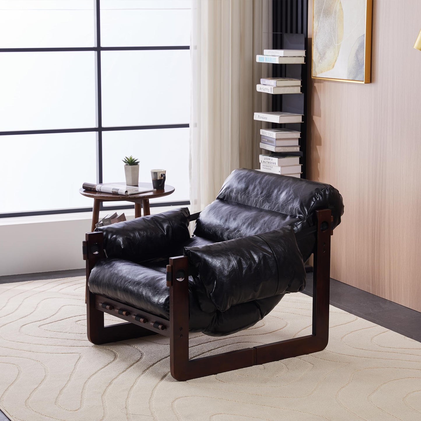 GDFStudio Aogex Oil Waxed Leather Lounge Sofa, Accent Chair, Leather Club Chair, Armchair with Removable Pillow, Comfort Chaise Lounge, Single Reading Sofa for Living Room Bedroom Home, Black