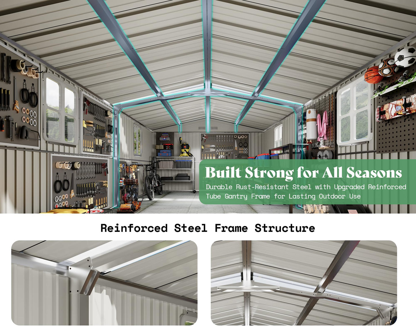 VanAcc 12x20x7.2 FT Outdoor Storage Shed with 2 Transparent Panels, Metal Garden Shed with Hinged Double Doors, Windows & Vents, Reinforced Steel Frame for Backyard Garden, DIY Workshop, Dark Gray