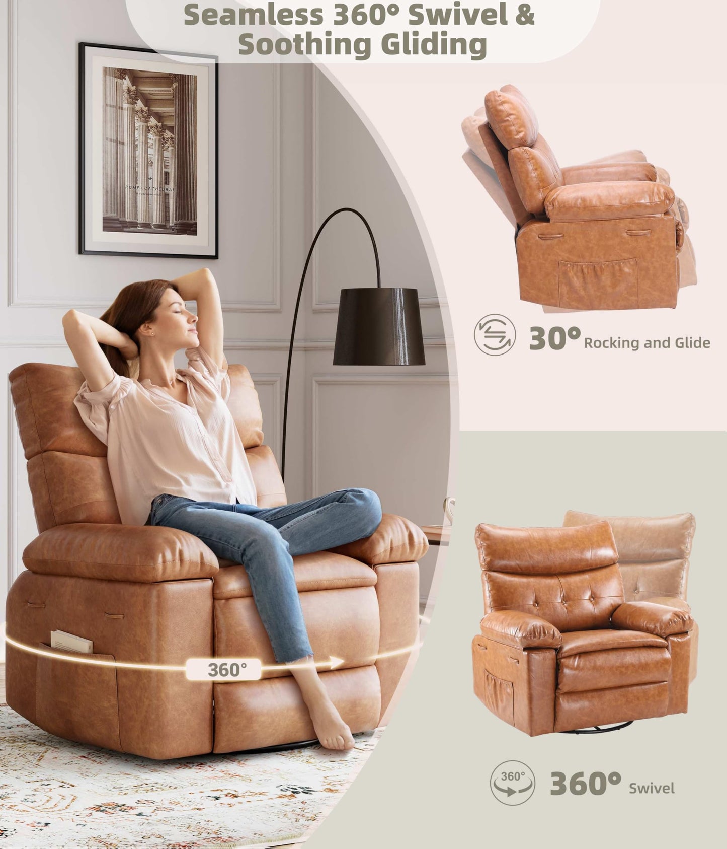 GarveeHome Leather Recliner Chair - Heat and Massage, Swivel Rocker Manual Recliner for Adults, Lazy Rocking Chair with Comfort Arms and Back Single Sofa for Living Room