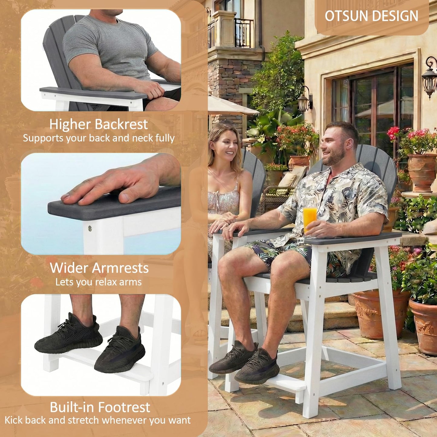 OTSUN Tall Modern Adirondack Chairs Set of 4, All Weather HDPE Bar Height Adirondack Stools Widened Durable Design for Porch Patio Yard Lawn Fire Pit Bistro Basement Indoors & Outdoors