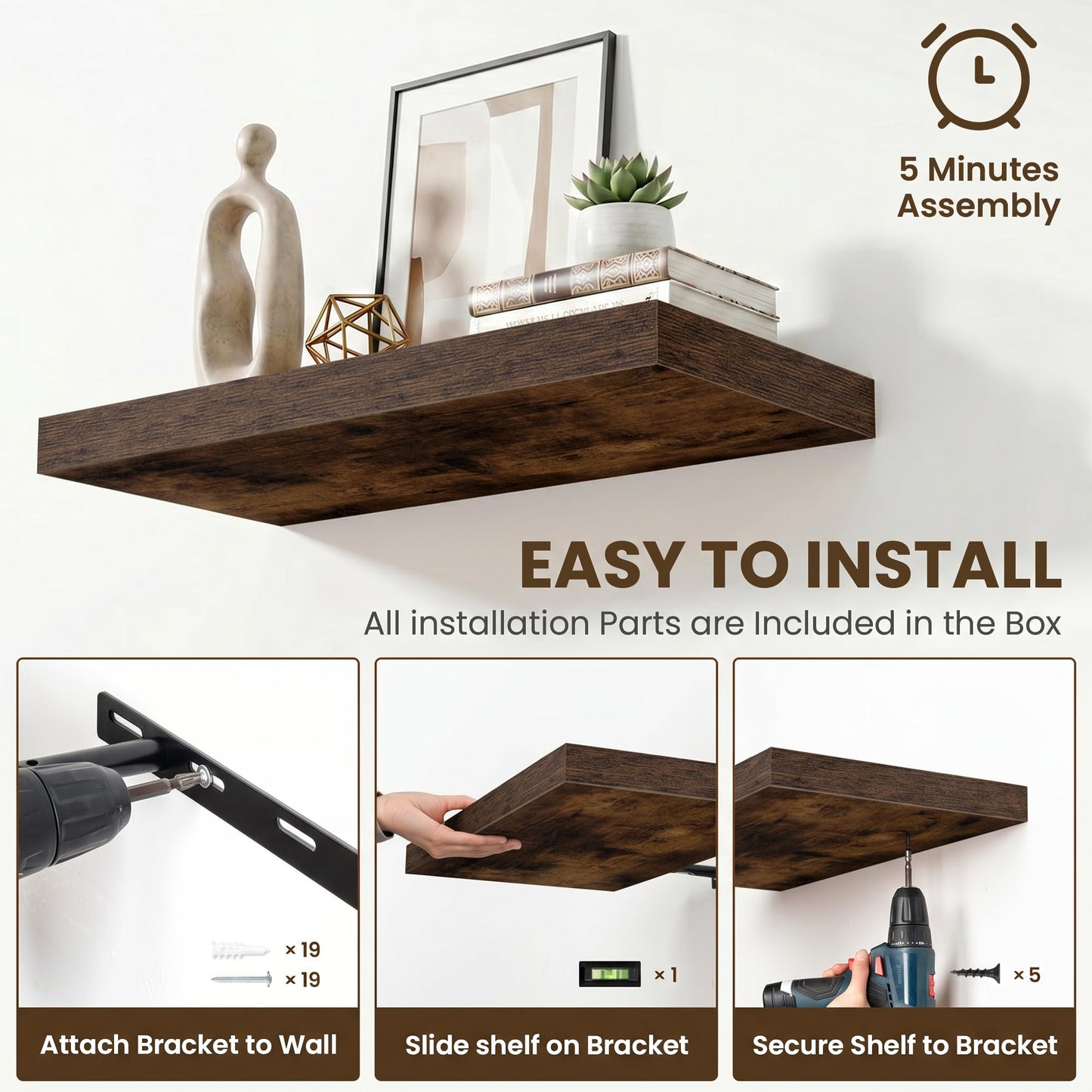 Acovy 72 Inch Long Floating Shelves for Wall Set of 2,12" Deep Wall Shelf,Large Floating Shelf with Invisible Brackets for Bedroom,Bathroom,Kitchen,Farmhouse Home Decor Display Bookshelf,Rustic Brown