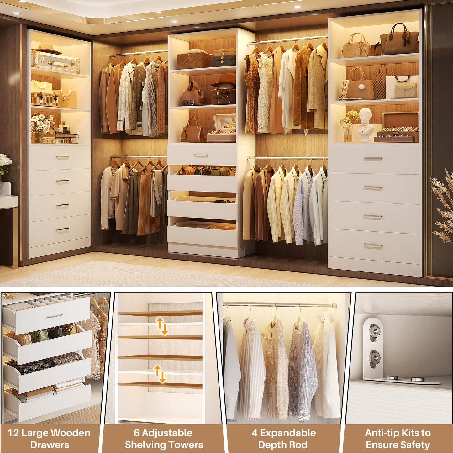Aheaplus Closet System with 12 Drawers, 8.5-11.5Ft Wood Closet Organizer System with 4 Hanging Rods & 3 Towers, 4Ft & 6Ft L-Shaped Walk-in Closets Wardrobe Organizer Clothes Rack, Set of 3, White1