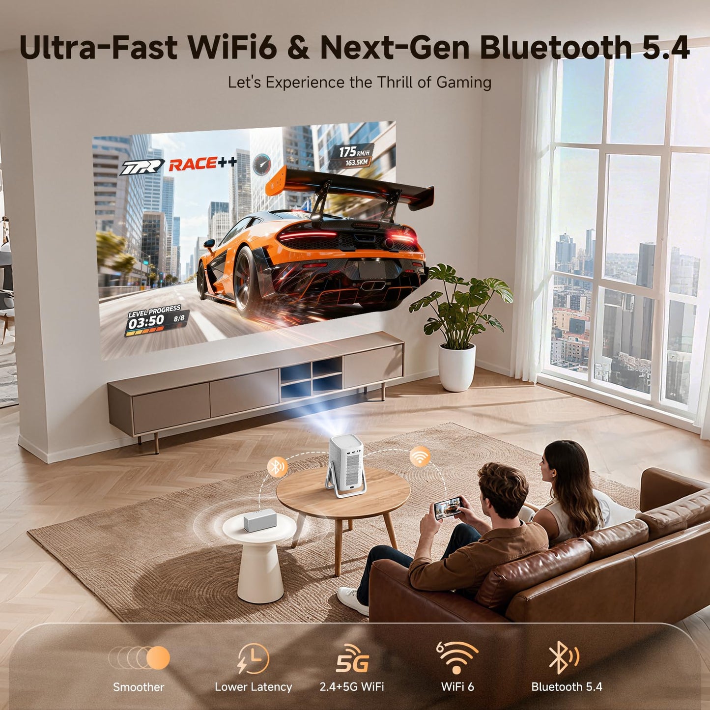 [Short Throw/1500ANSI/Built in Apps] 4K Outdoor Projector with WiFi and Bluetooth, Auto Focus Projector with Dual-Mode Stand, Smart Portable Proyector with Netflix/YouTube/PrimeVideo & Dolby