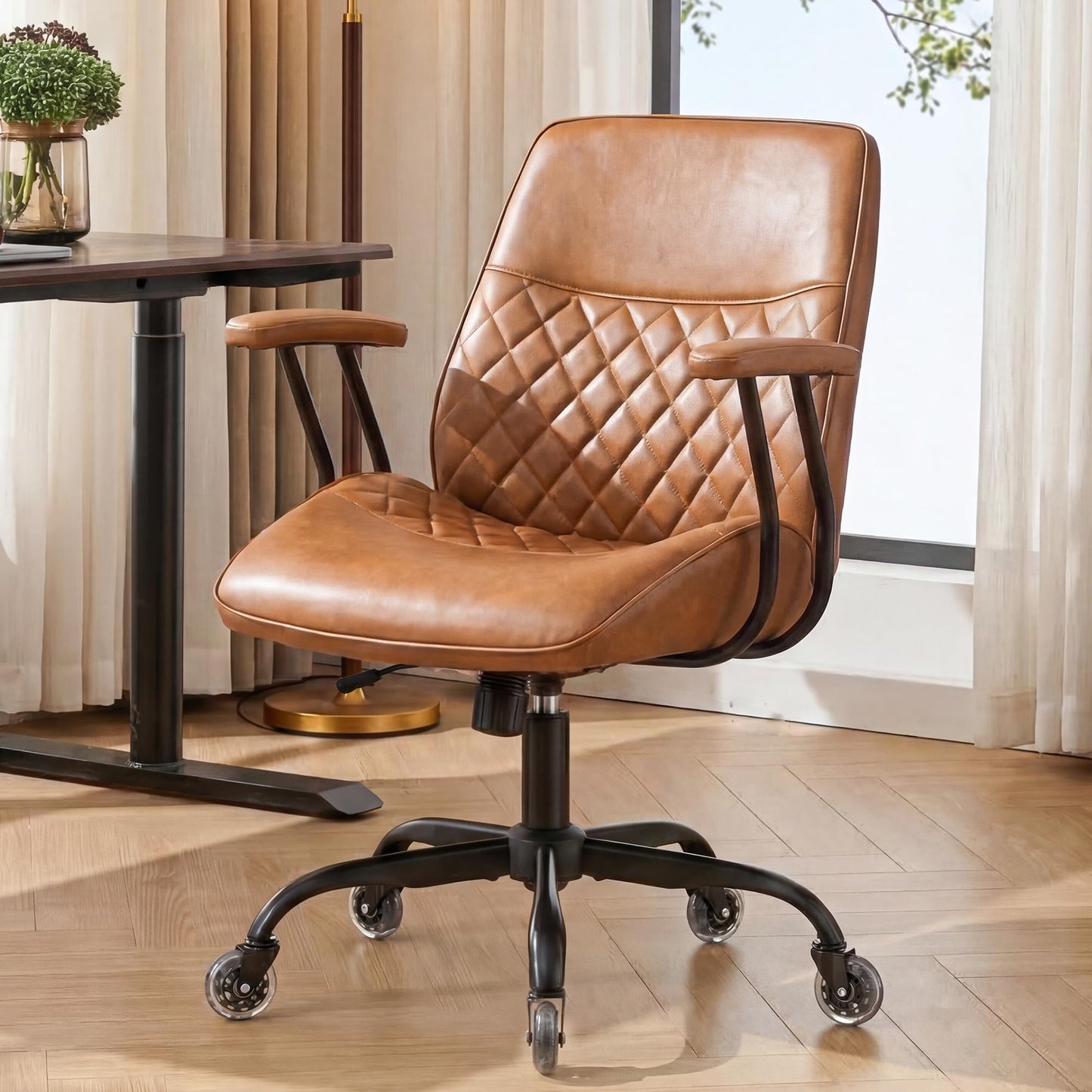 NEO Chair Ergonomic Leather Office Desk Chair with Fixed Armrests Mid Back Lumbar Support Swivel Executive Computer Chair with Wheels Comfy Home Office Chair for Adults (Brown)