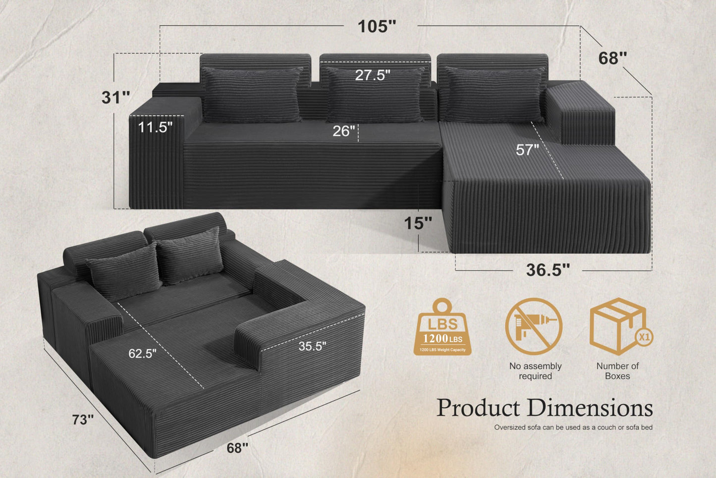 HABUTWAY Sectional Couches for Living Room,No Assembly L Shaped Couch 105" Modular Sectional Sofa Couch with Deep Seat,Cloud Couches Furniture Sets for Apartment,Corduroy (Dark Grey, Right Facing)