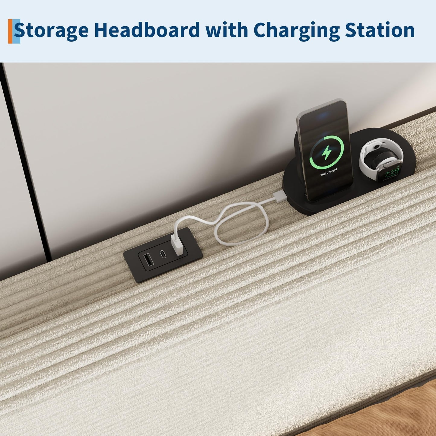 GarveeLife Corduroy Upholstered Platform Bed Frame with USB Charging Station, Adjustable Storage Headboard, Wooden Slat Support, No Box Spring Needed, Easy Assembly, Full Beige