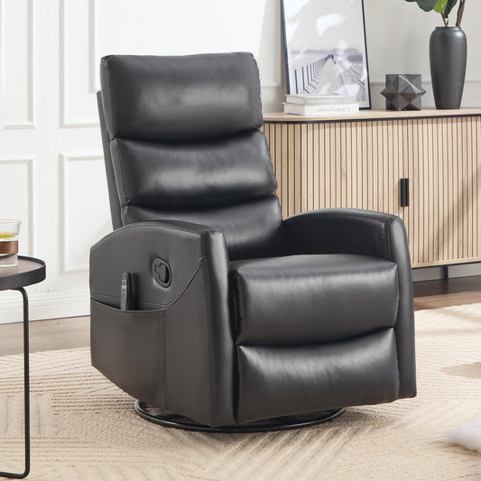 KEIKI 4-in-1 Manual Swivel Rocker Recliner Chair for Home Living Room, Faux Leather Chair with Back Massager & Heat, Home Theater Seating with Lumbar Support, Portable Chairs for Adults, Black