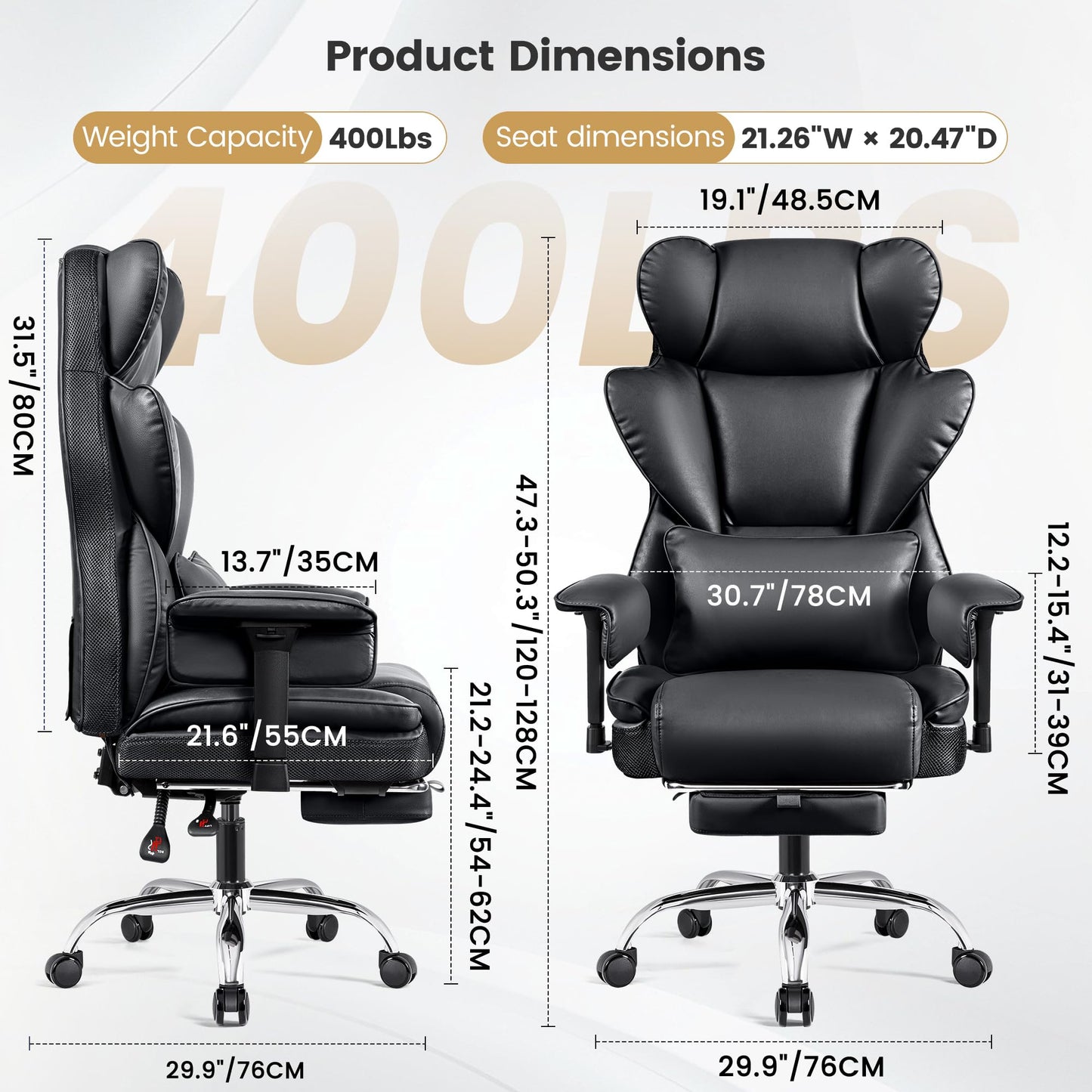 Stella Mia Big & Tall Office Chair – 21.3" Wide Seat High Back Ergonomic Executive Chair with Retractable Footrest, Heavy Duty Computer Gaming Chair for Heavy People, Black 2 Pack