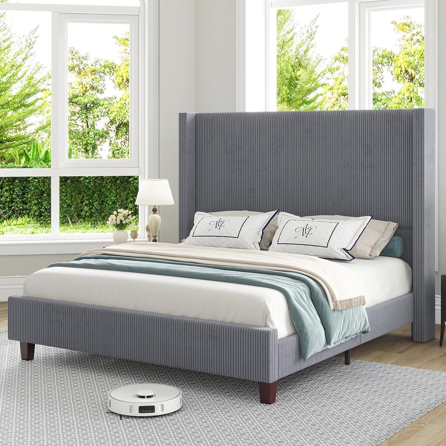 HOWE King Size Bed Frame with 61.4" Extra Tall Headboard, Corduroy Upholstered Bed with Vertical Wingback Headboard, No Box Spring Needed/Noise Free/Solid Wood Slats & Legs/Grey