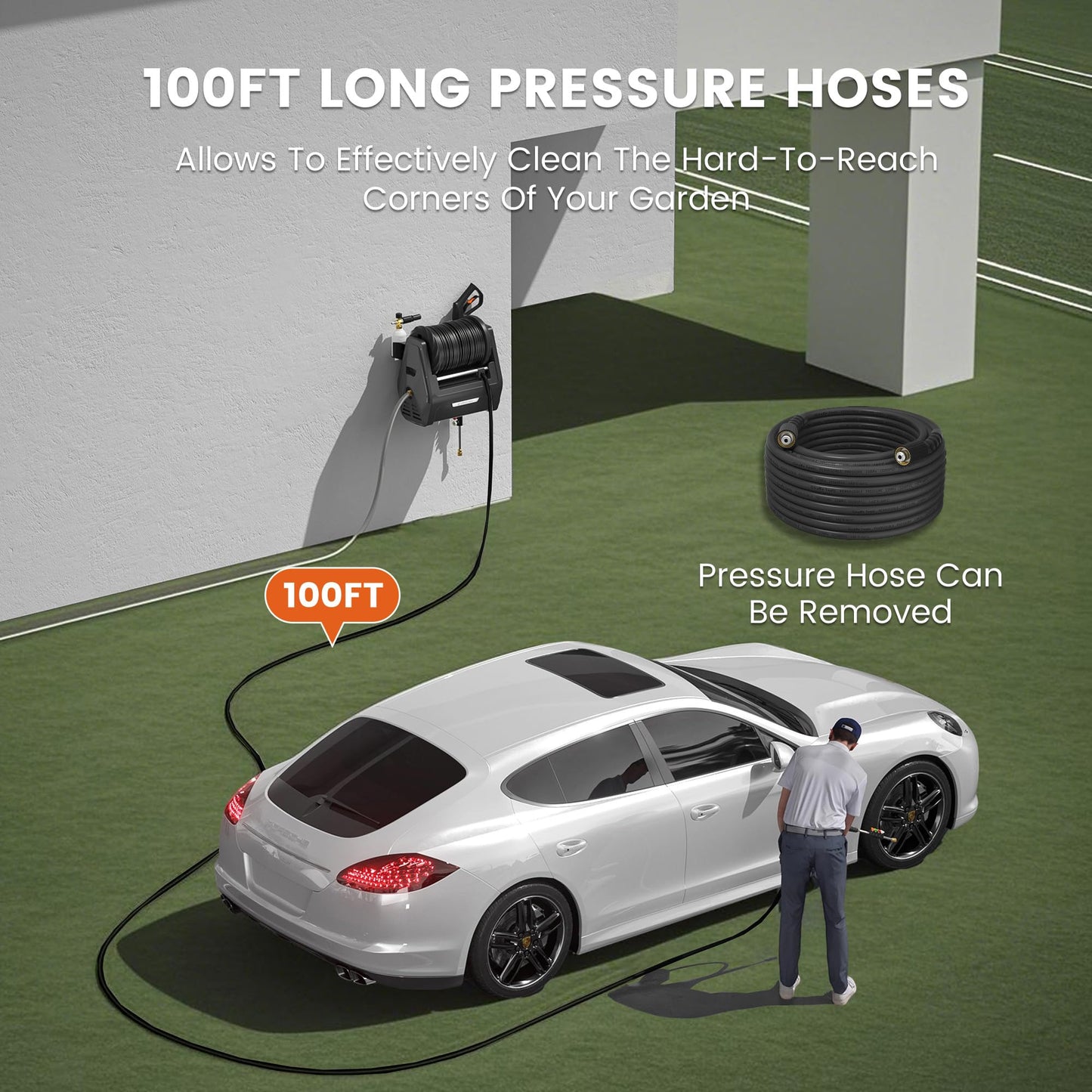 Giraffe Tools Grandfalls Pressure Washer, Electric Wall Mount Power Washer with Retractable Pressure Hoses, 2900PSI, 2.2GPM, 4 Nozzles, Foam Cannon for Cars/Patios, Dark Silver, 100 ft