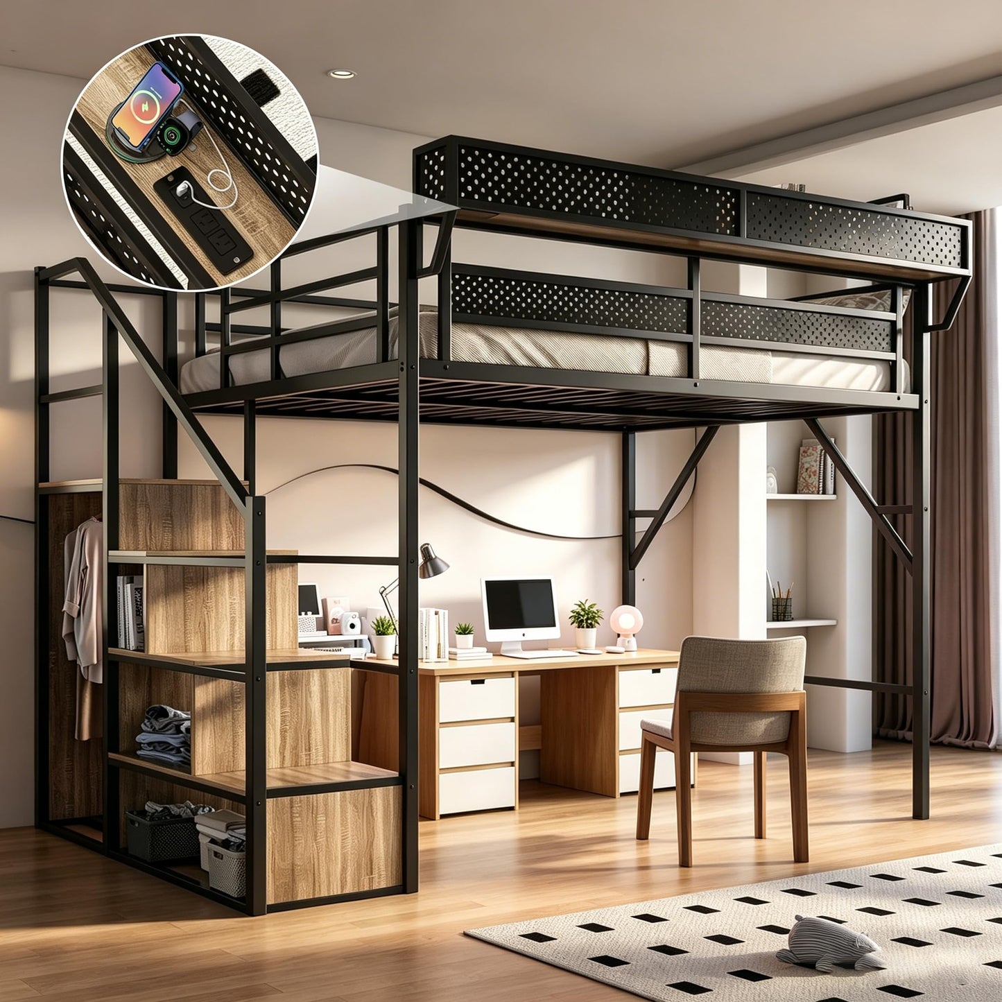 FAVSH Queen Size Metal Loft Bed with Reversible Stairs and LED & USB Port