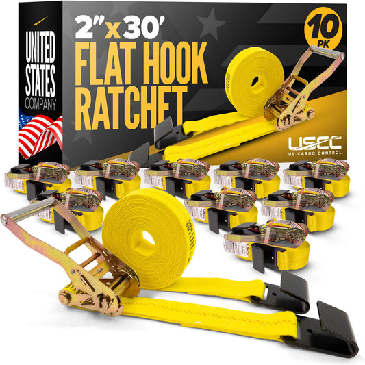 US Cargo Control 2 Inch Ratchet Straps Heavy Duty (10-Pack), 2" x 30' Flat Hook Ratchet Straps, 10,000 LBS Break Strength, Yellow Heavy Duty Tie Downs with Black Flat Hooks for Flatbed Trailers