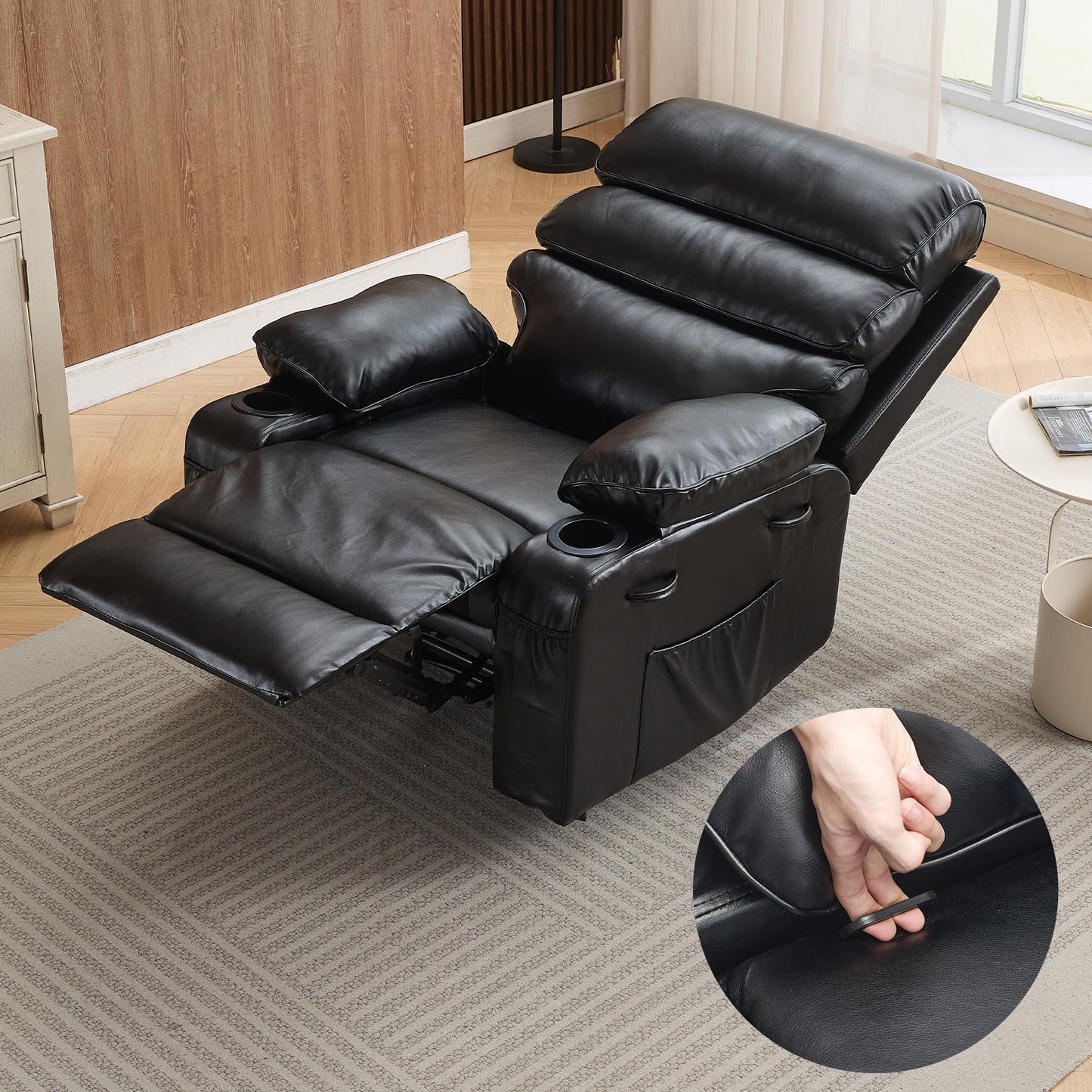 PU Leather Recliner Chair with Heat & 8-Point Massage, Extra Wide Manual Recliner for Adults, q235 Steel Frame, Side Pockets, 1.5X Comfort Arm & Back, Lazy Boy Sofa for Living Room or Bedroom - Black