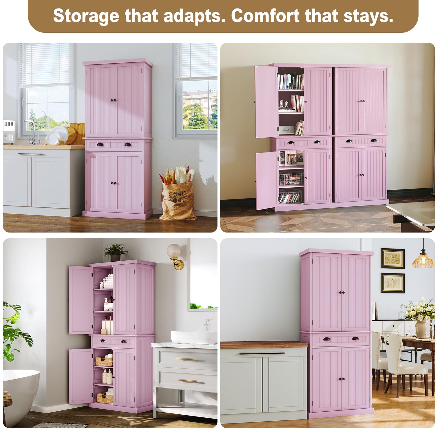 ARTPOWER 72" Tall Kitchen Pantry Storage Cabinet with Drawer and Adjustable Shelves, Pantry Cabinet for Kitchen, Bathroom or Hallway, Pink