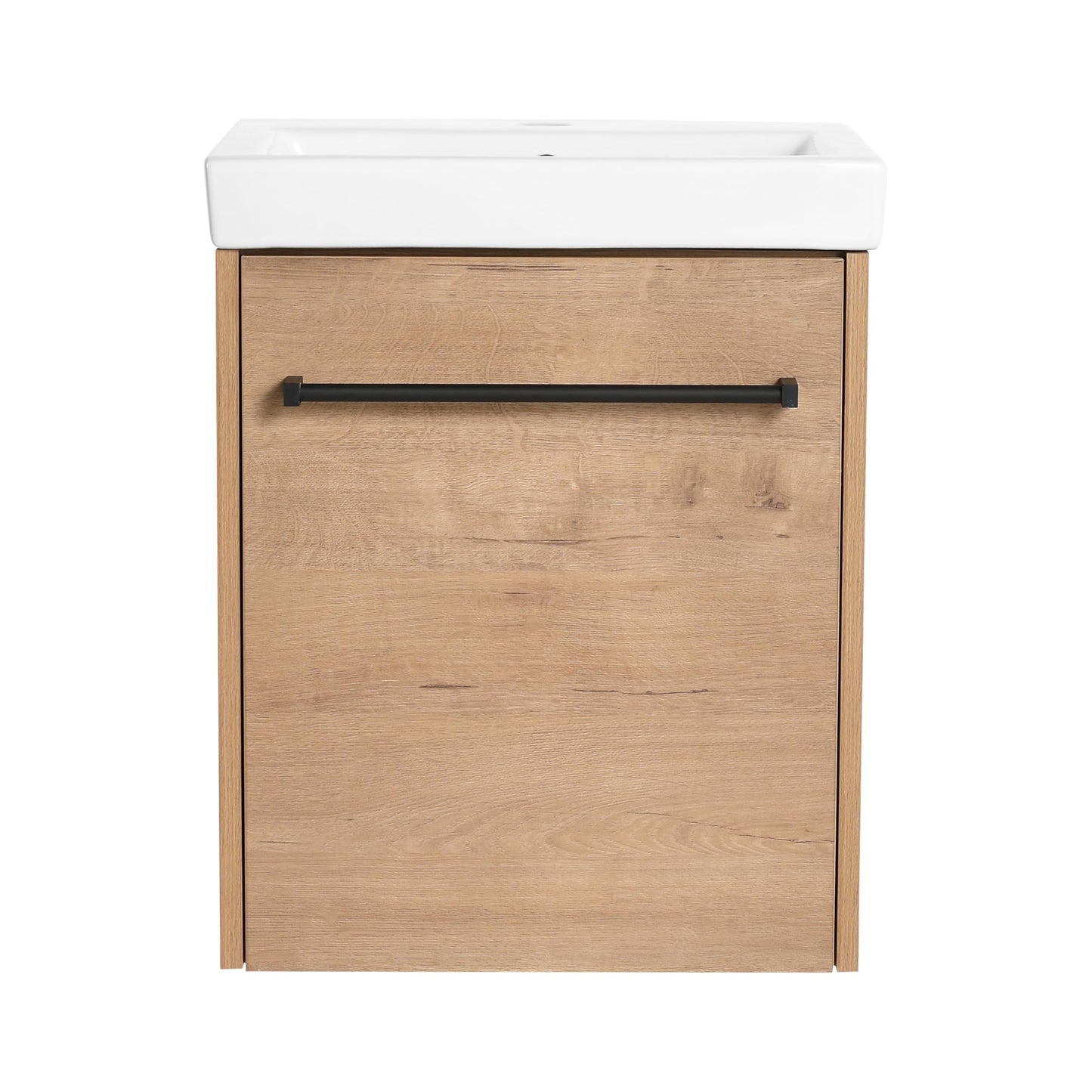 Noble House Home Furnishings Glemab 17.31" Floating Wall-Mounted Bathroom Vanity, Bathroom Vanity with Ceramic Sink, Soft-Close Cabinet Door, Wall-Mounted Storage Cabinet with Ceramic Sink, Oak