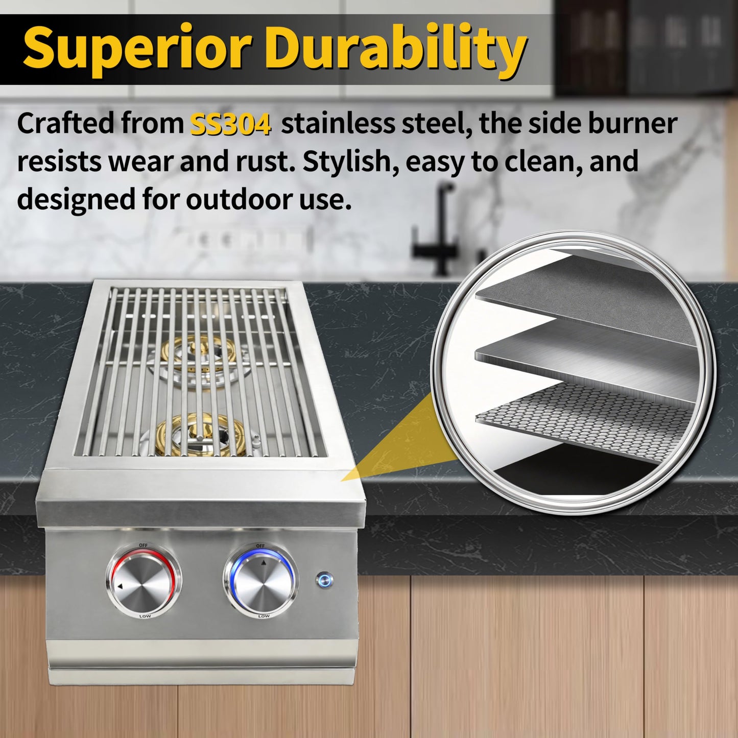 Double Side Burners for Outdoor Grill, Heavy-Duty 304 Stainless Steel, Built-in Side Burners with LED for Outdoor Kitchen BBQ Island, 2x17,000BTU Natural Gas Side Burner with Cast Brass Burner