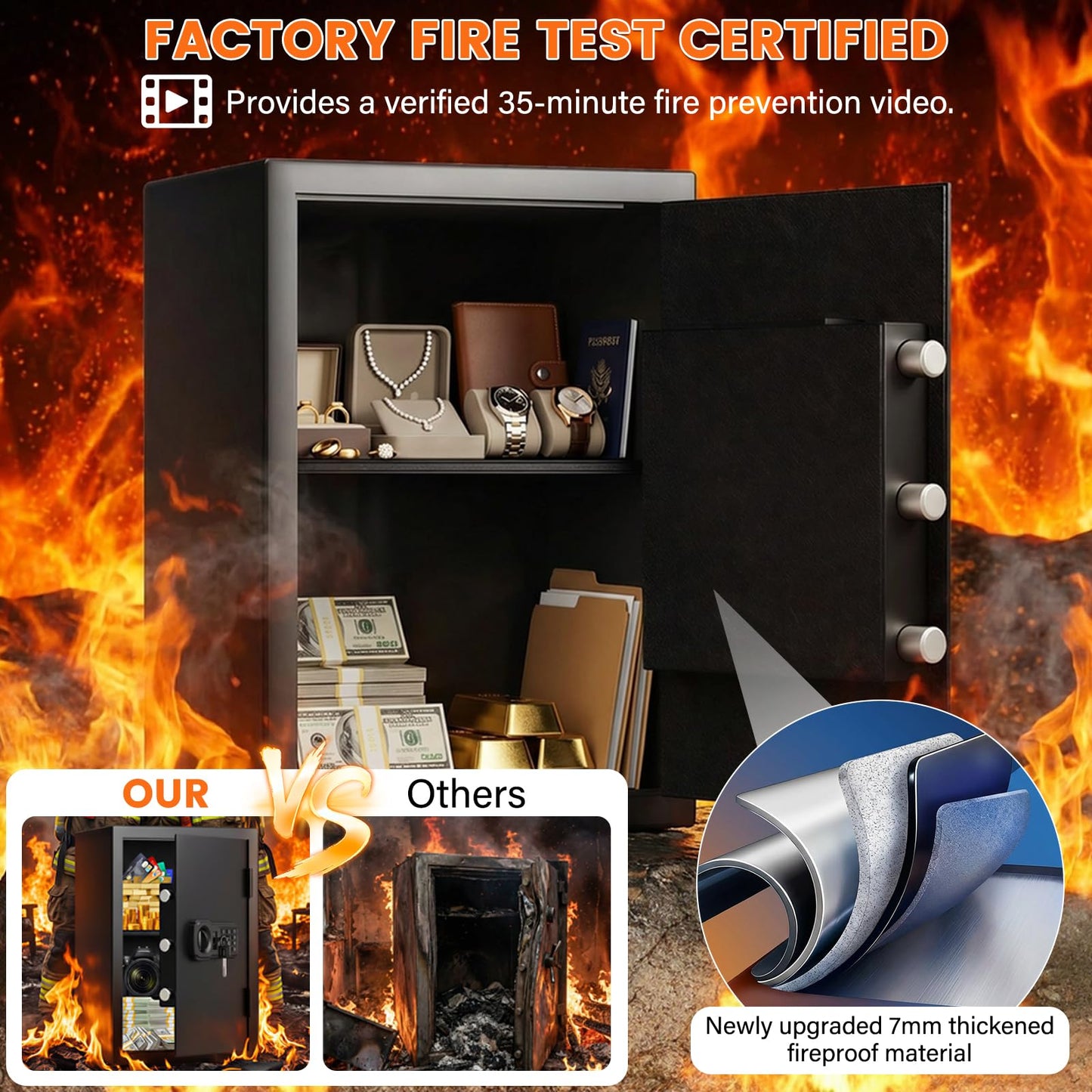 3.6 cu ft Large Fire Proof Safe Box for Home Use, 35Lb Fireproof Safe with Fire Insulation & Backup Combination Lock, Heavy Duty Security Safe for Cash Passport Firearm Valuable, Anti-Theft Wall Mount