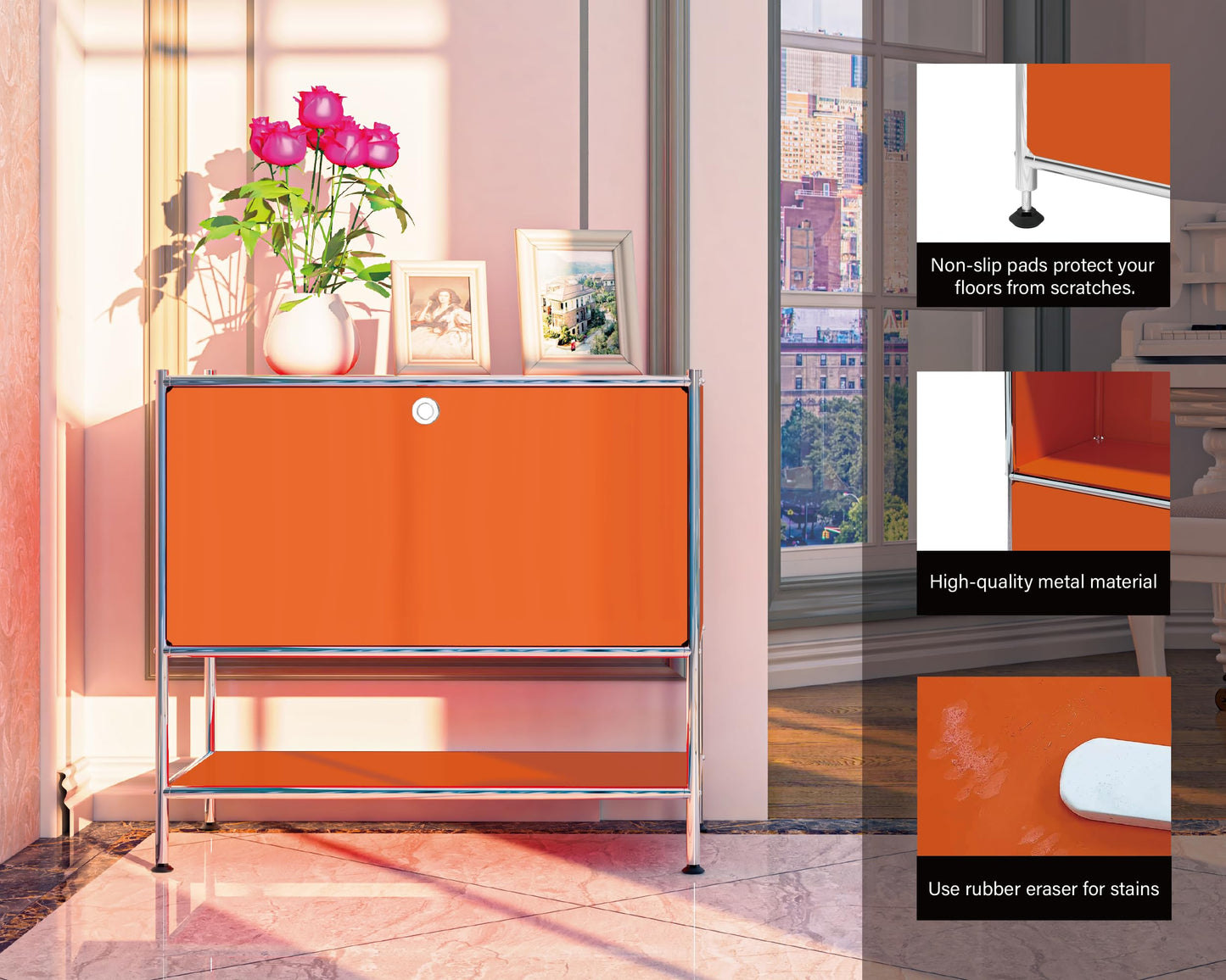 Simplink Metal Sidetable with Flap Door, 27.5" Height - DIY Modern Furnishing for Home, Office, Foyer, Bedroom - Night Stand, Book Shelf, Bookshelf, Cube Storage Organizer, Bedside Table (Orange)