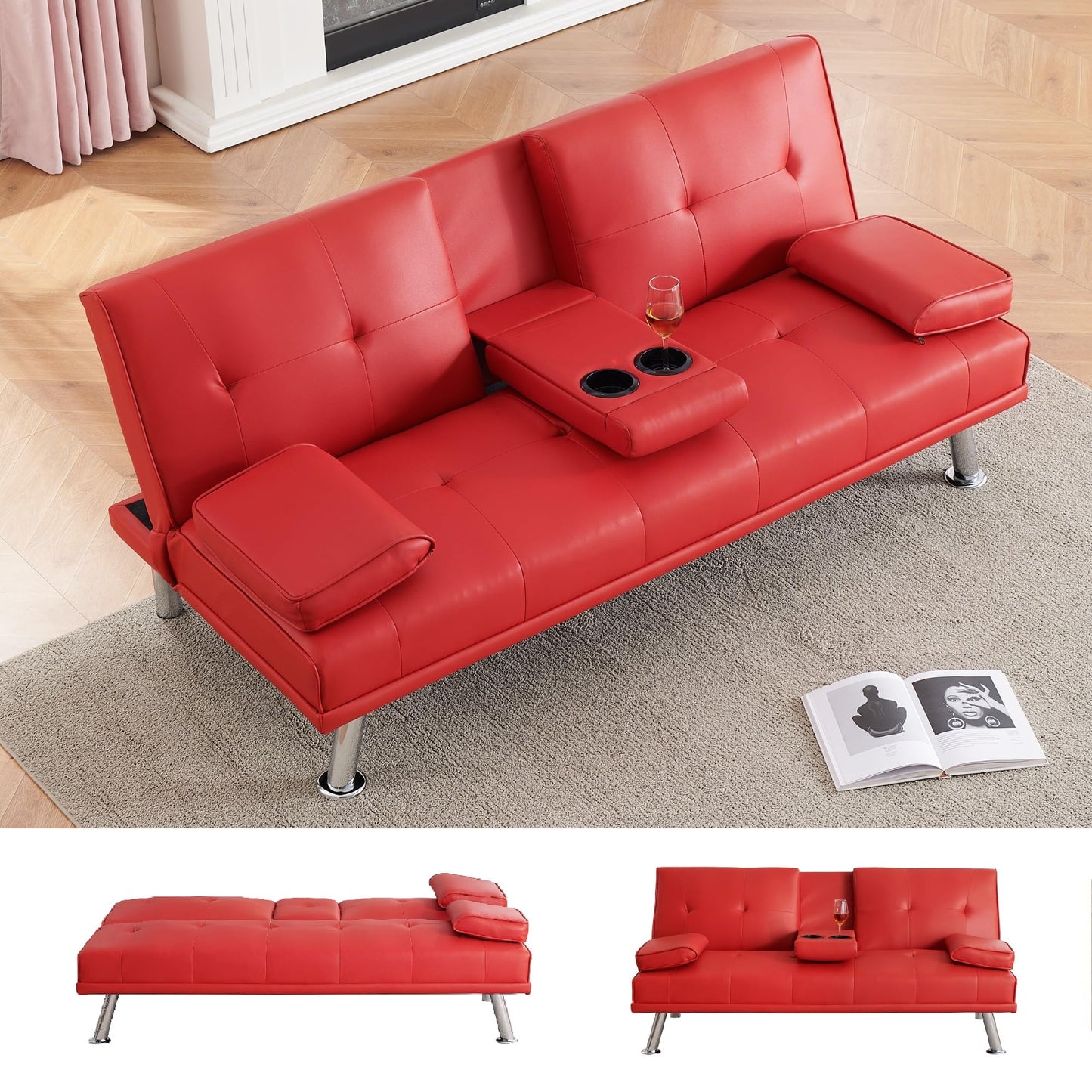 KEIKI 67" Leather Folding Futon Sofa w/Cup Holder & Adjustable Backrest, Mid Century Modern Couch Loveseat Convertible to Sleeper Bed, Comfy Cloud Couch SofaBed for Living Room & Bedroom, Red