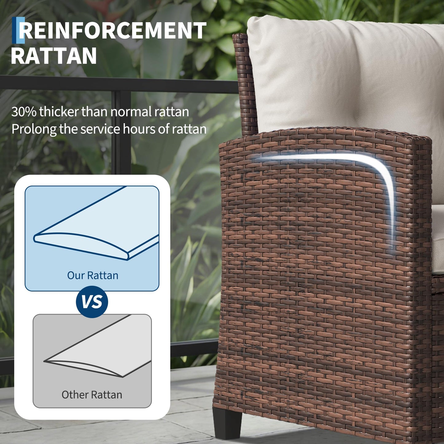 3-Piece Patio Furniture Set, PE Rattan Wicker Outdoor Sofa Set with Washable Cushions & Tempered Glass Tabletop, Conversation Set for Garden, Poolside, Balcony (Brown Wicker & Beige Cushions)