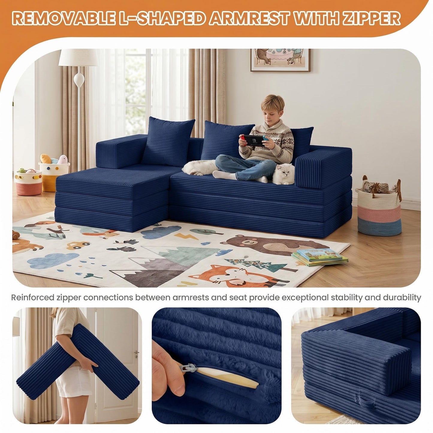 65" Modular Sectional Sofa, Boneless Convertible Sleeper Sofa Bed, Modern Tri-Folding Cloud Couch with L-Shape Chaise, Corduroy Futon Couches for Living Room Small Spaces Apartment,No Assembly,Blue