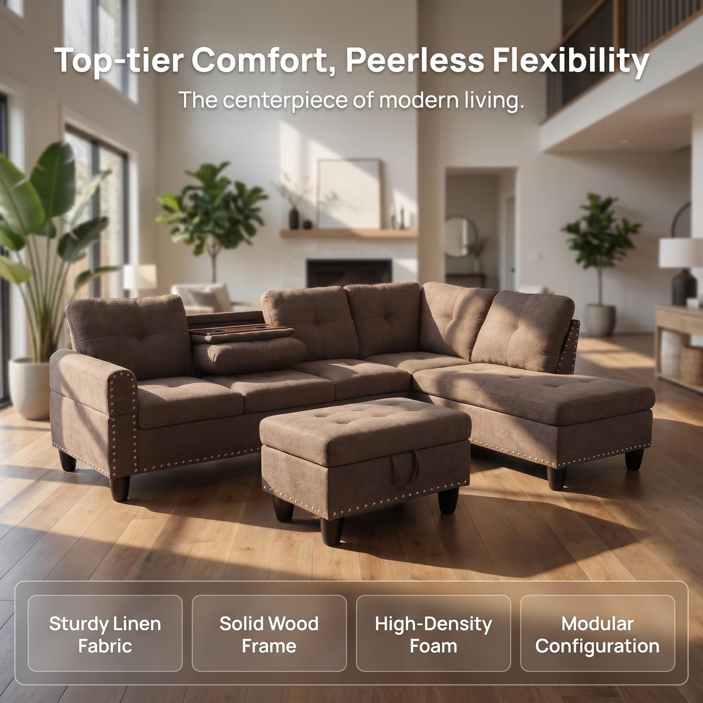 Trygoal 97.5" Linen L Shaped Couch with Right Chaise & Cup Holder, Sectional Sofas Modular Furniture Set with Storage Ottoman, Convertible Couches for Living Room, Small Space & Office (Brown)