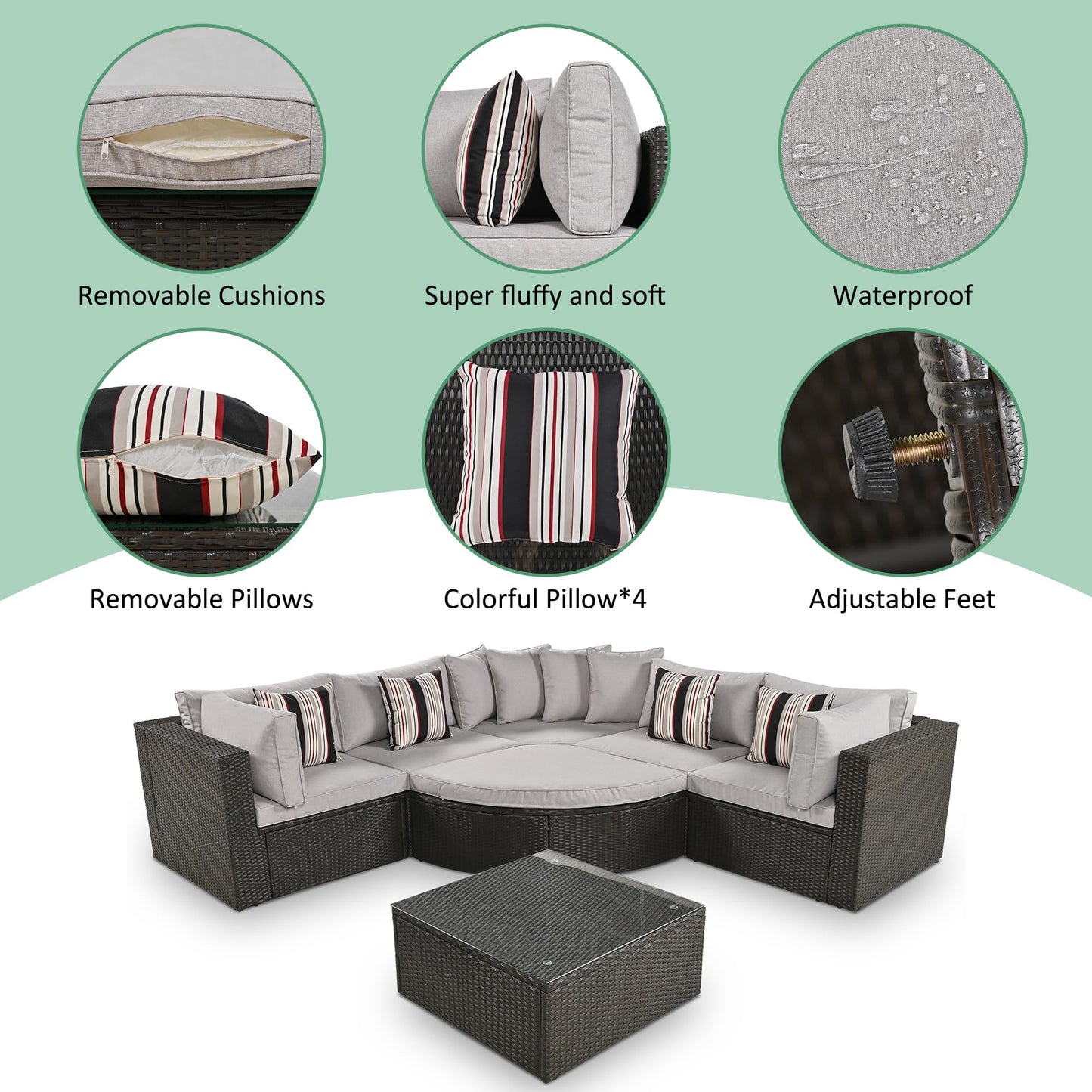 7 Piece Outdoor Wicker Patio Furniture Set, Modular Rattan Sectional Conversation Sofa with Glass Coffee Table, Cushions & Pillows, All Weather Garden Seating for Patio, Deck, Backyard, Brown
