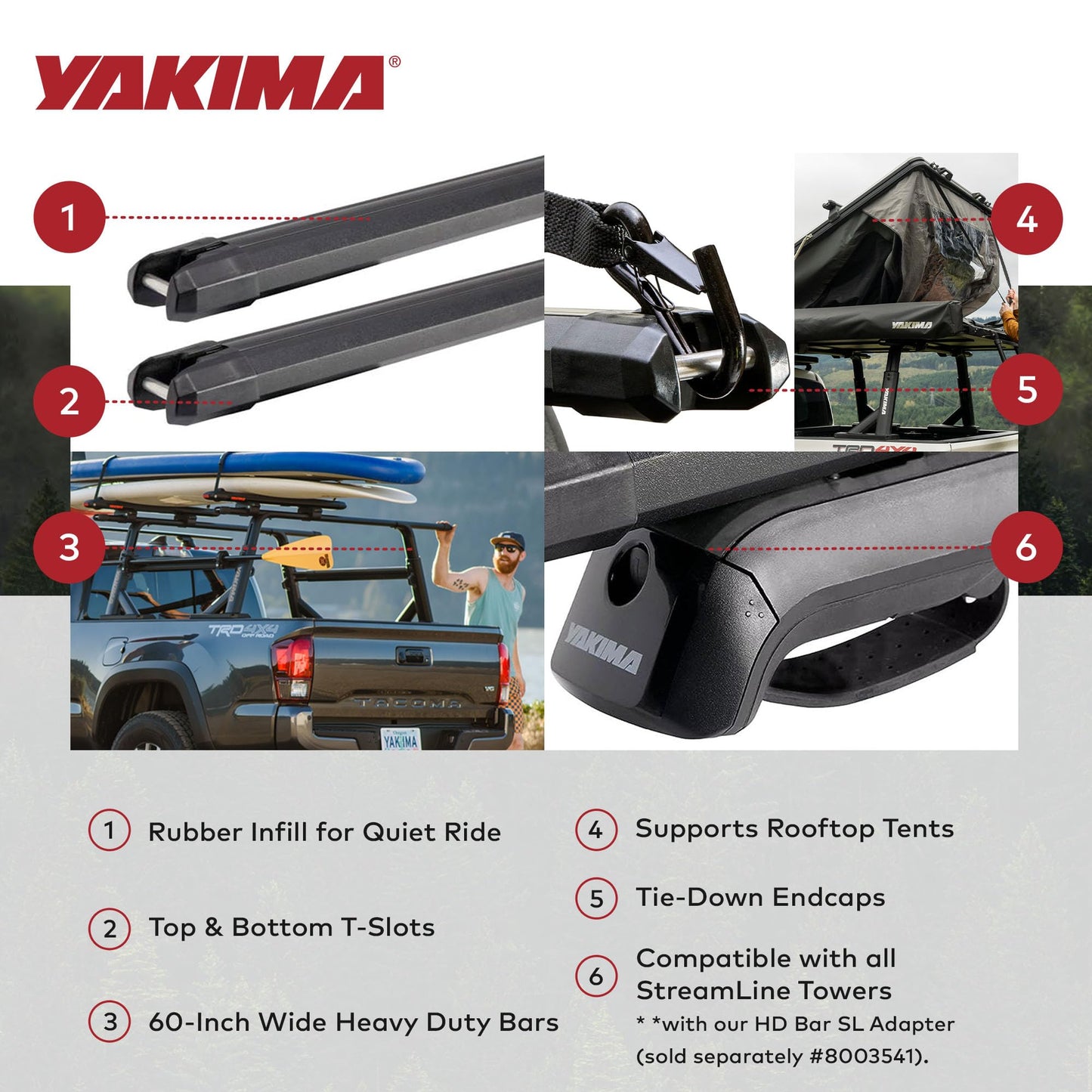 Yakima 1 Pair Crossbars, 60 Inch Heavy Duty Bars with T Slot Attachments for Rooftop Tents