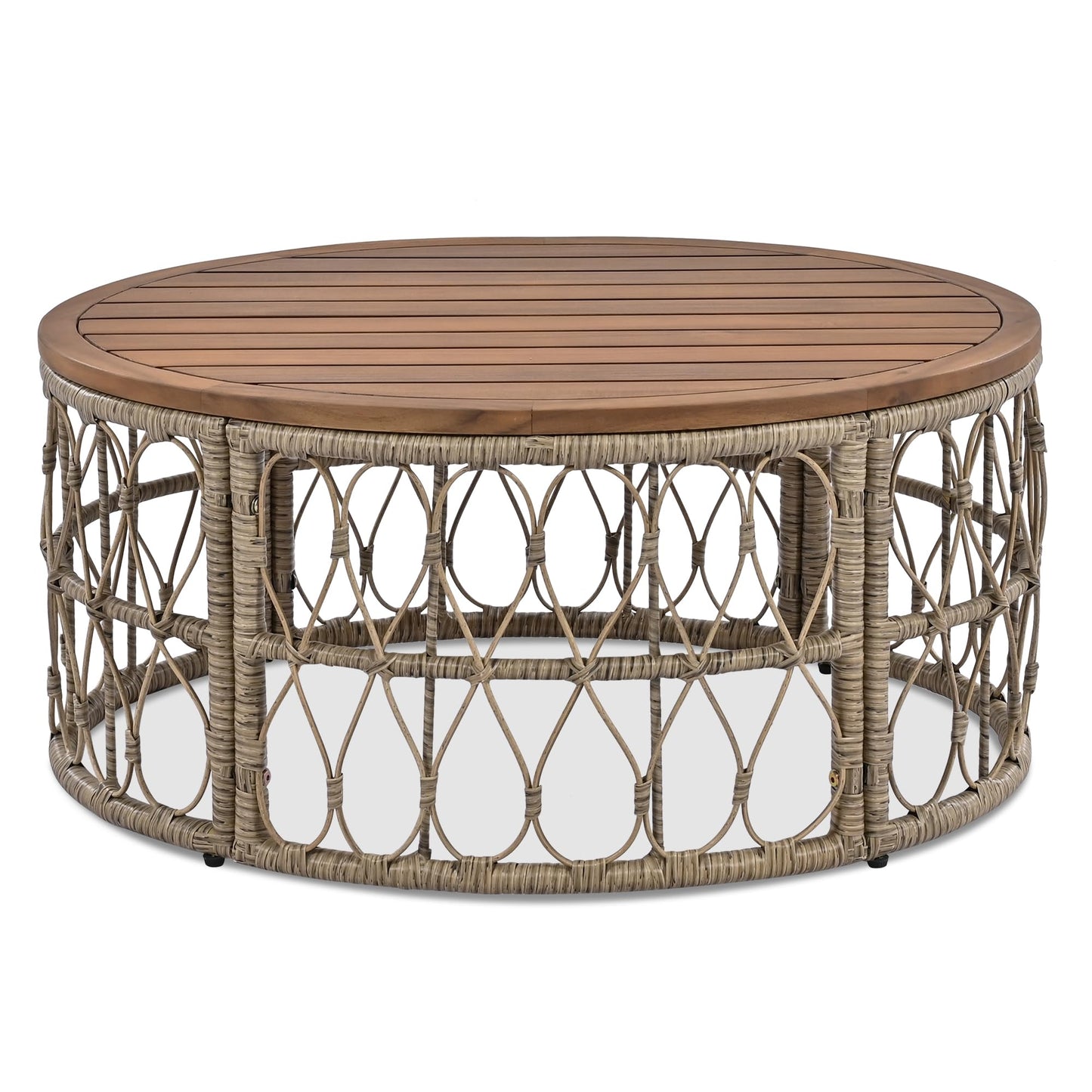 4-Person Outdoor Wicker Sofa Set, Boho-Inspired Patio Conversation Furniture with Oval Acacia Wood Tabletop, Removable Cushions and Pillows, Adjustable Feet, Beige, Perfect for Garden, Backyard, Deck