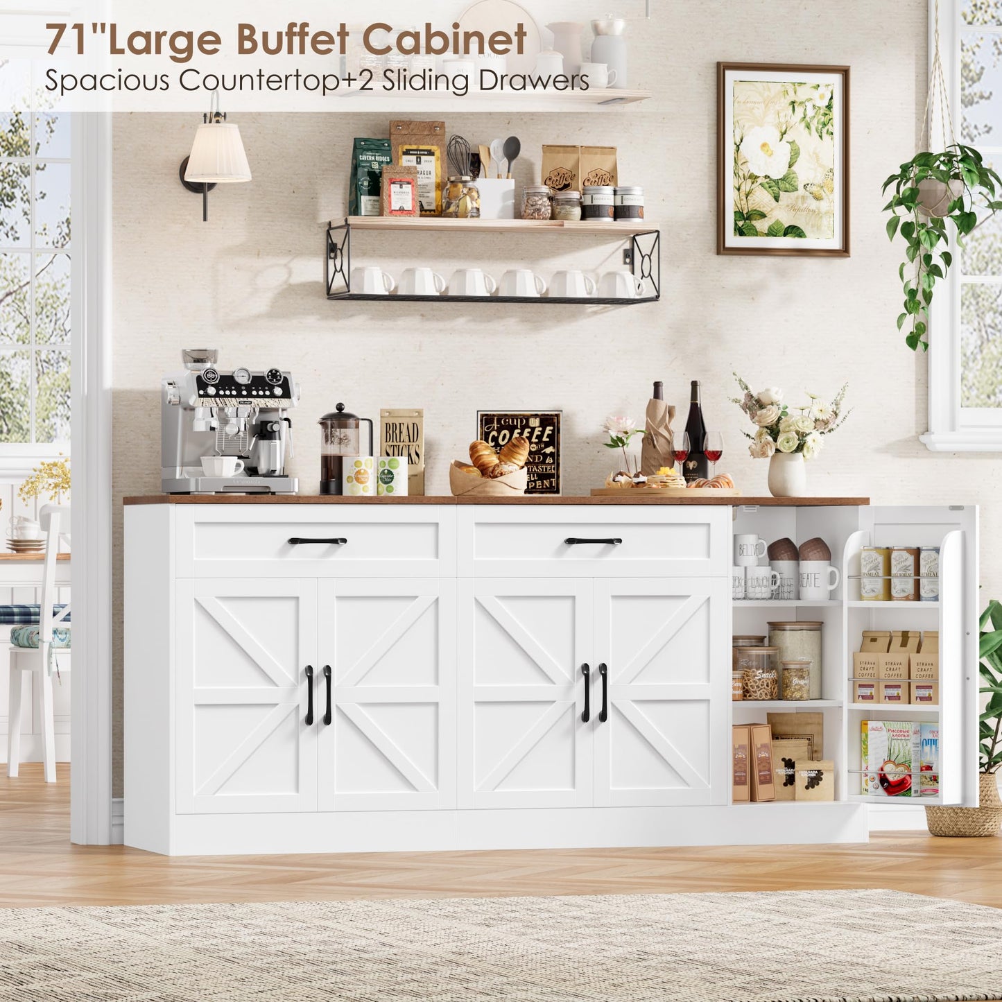 BOTLOG 71” Large Sideboard Buffet Cabinet with Storage, Farmhouse Buffet Cabinet with Adjustable Shelves and 3 Door Shelves, Wood Coffee Bar Console Table for Kitchen, Dining Room (White)