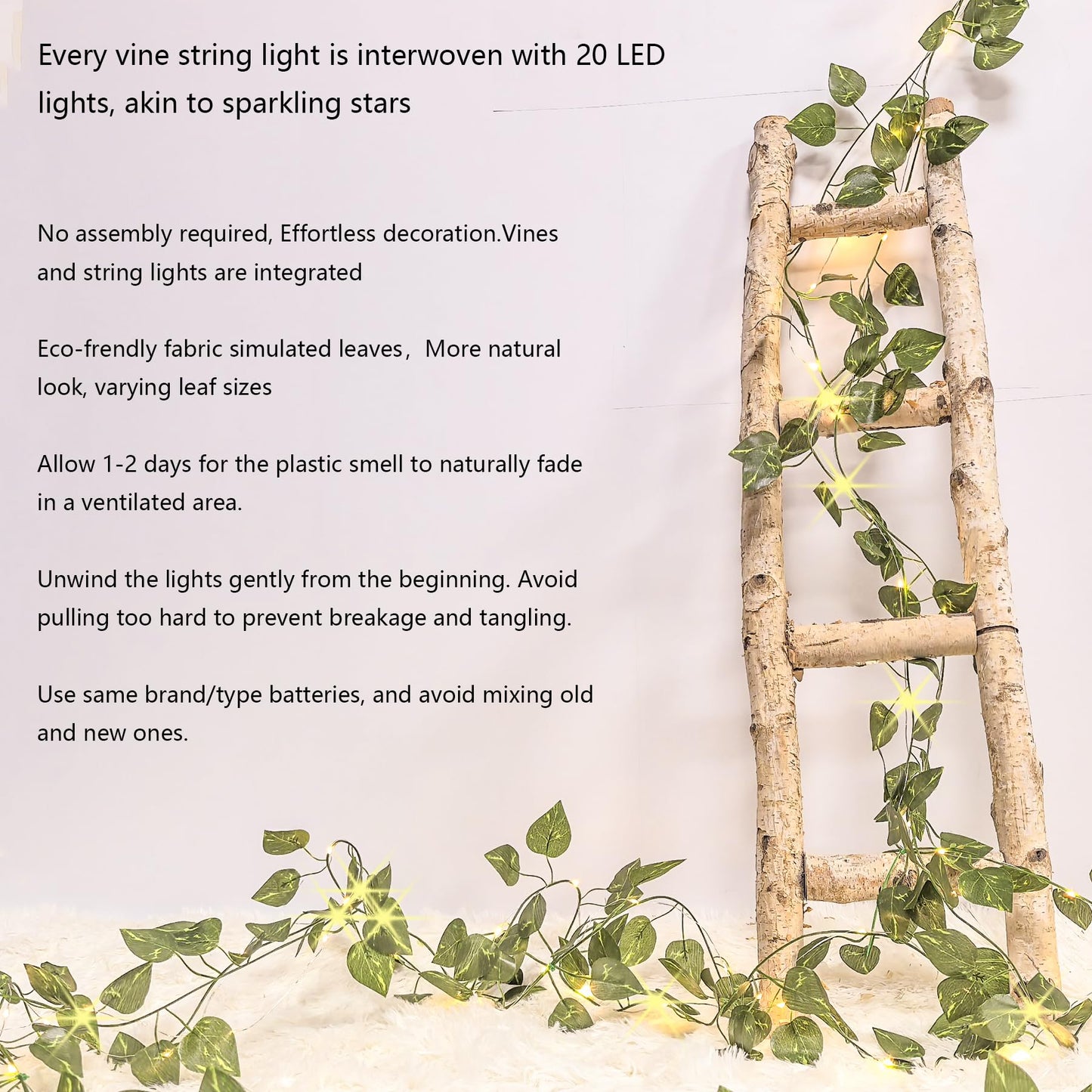 MVOVM LED Fairy Lights Vine, 20 Lights, 6.6ft Pothos Garland, Green, Artificial Hanging Plant Decor for Bedroom, Wedding, Party