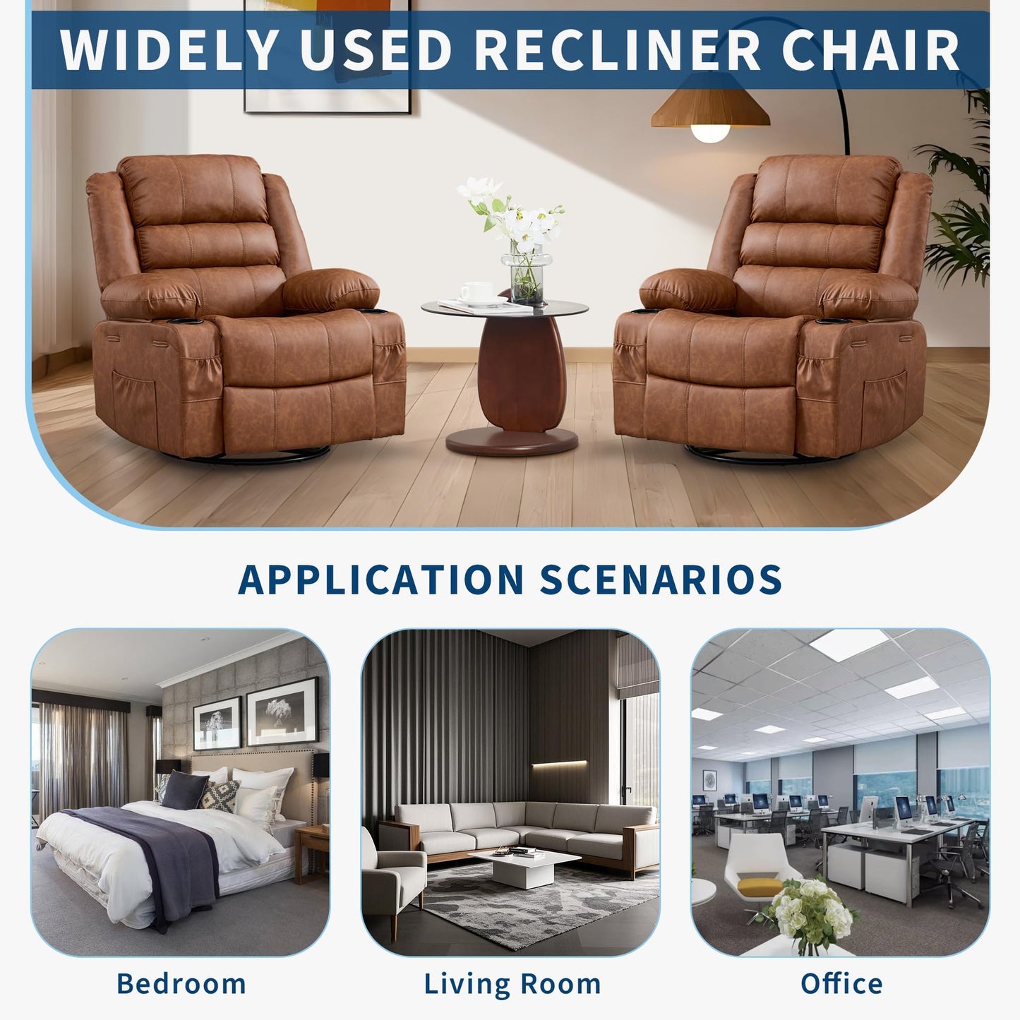 Rocking Recliner Chair for Adults PU Leather Wide Upholstered Glider Recliner with Cup Holder Deep Seat Single Sofa Rocker Chair for Nursery Living Room