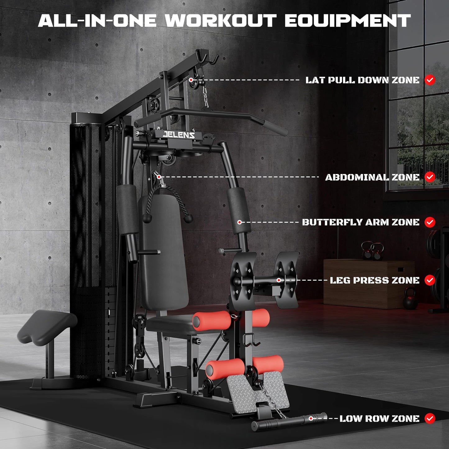 JELENS Home Gym, Multifunctional H11 Home Gym Equipment, Workout Station with 146LBS Weight Stack, Exercise Equipment with Pulley System for Full Body Training (Black)