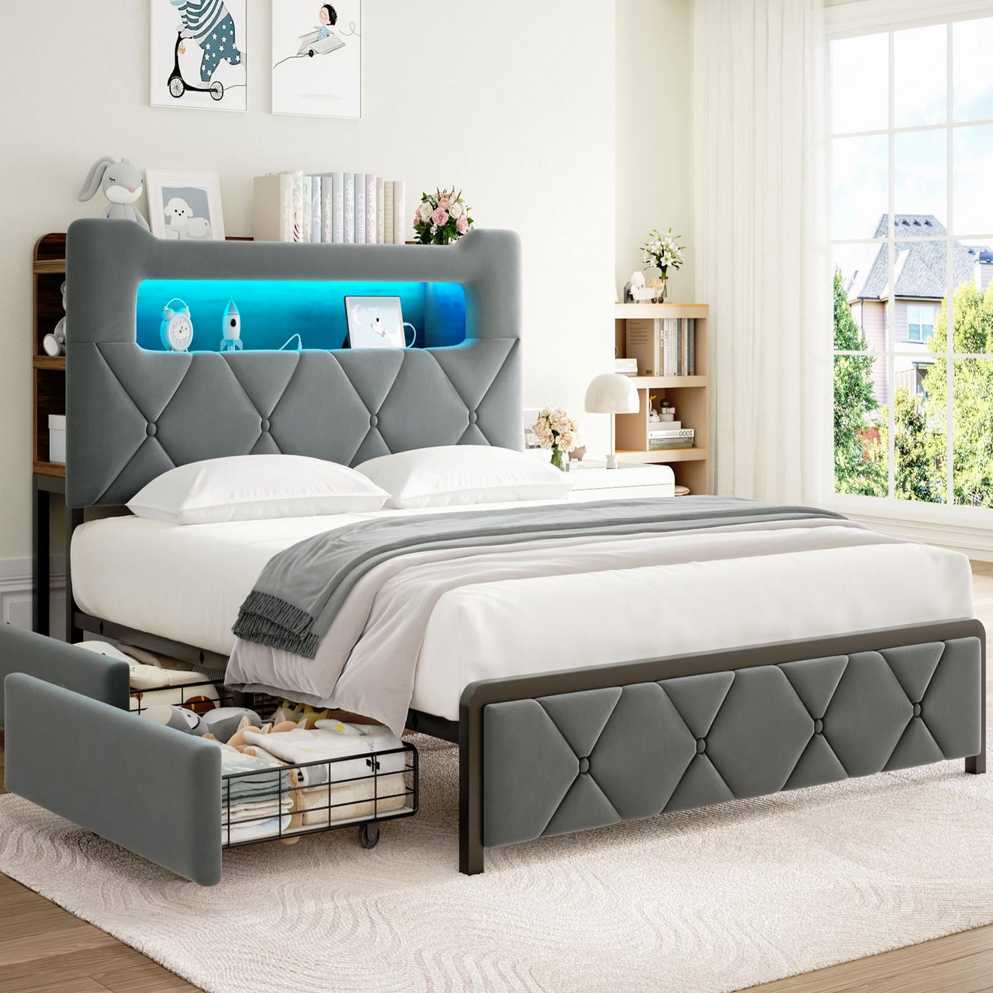 Jocoevol Queen Upholstered LED Bed Frame with 2 Storage Drawers and 2-Tier Storage Headboard, Velvet Platform Bed with Charging Station & Bookcase, Corner Bed Frame, Heavy Duty Metal Support, Grey