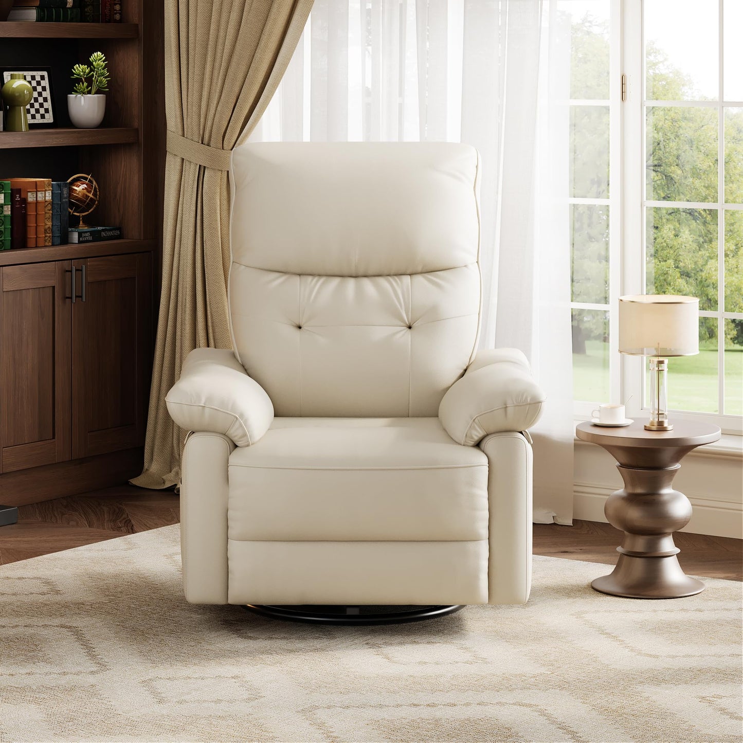 GAOMON Swivel Rocking Recliner Chair, Manual Leather Recliner Glider with Lumbar Support & Padded Armrest, Comfortable Rocker Nursery Single Sofa for Living Room and Bedroom (Off White)