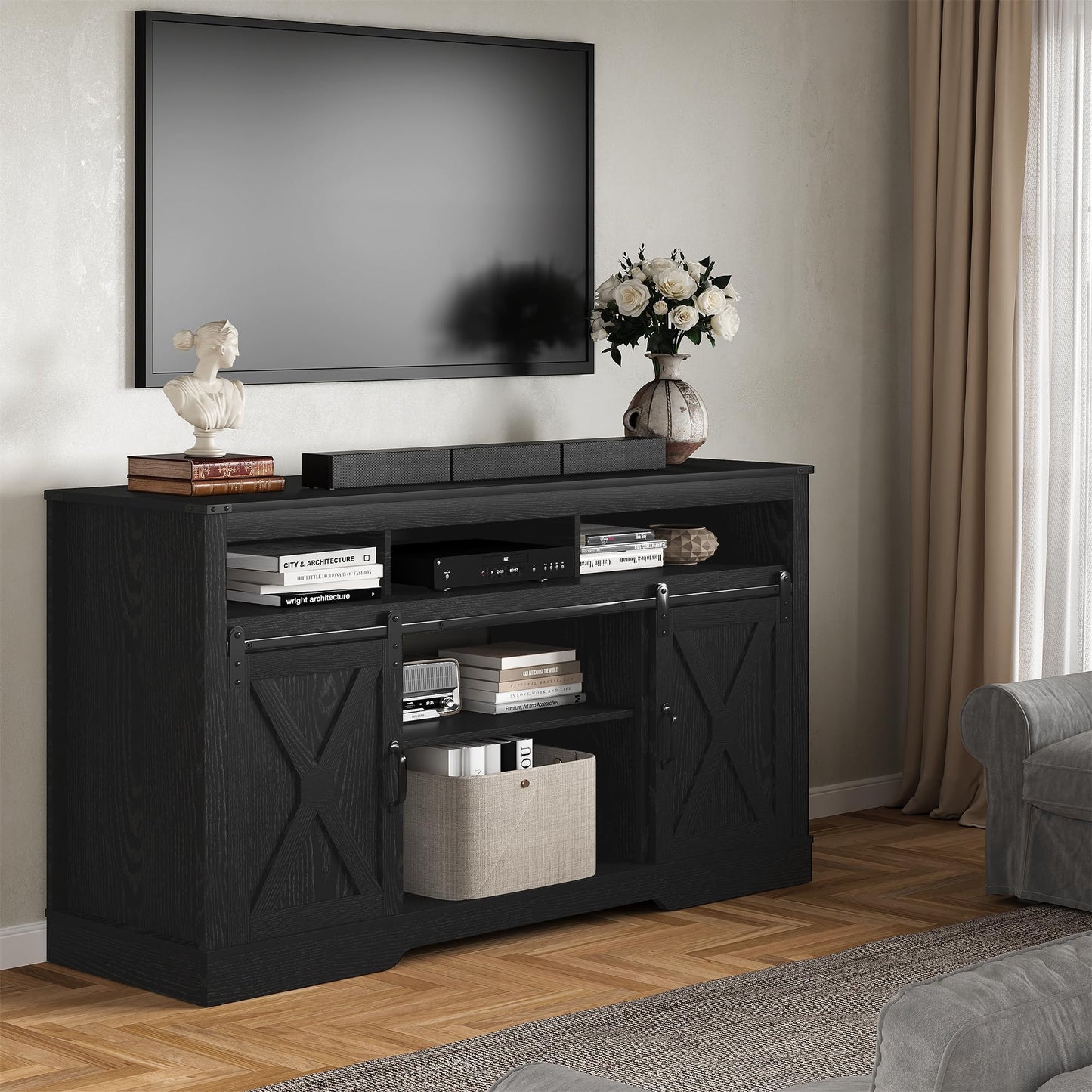 RoyalCraft Farmhouse TV Stand for 65+ Inch TV, Tall Entertainment Center with Storage Cabinets and Sliding Barn Doors, Mid Century Modern Media TV Console Table for Living Room (Black)