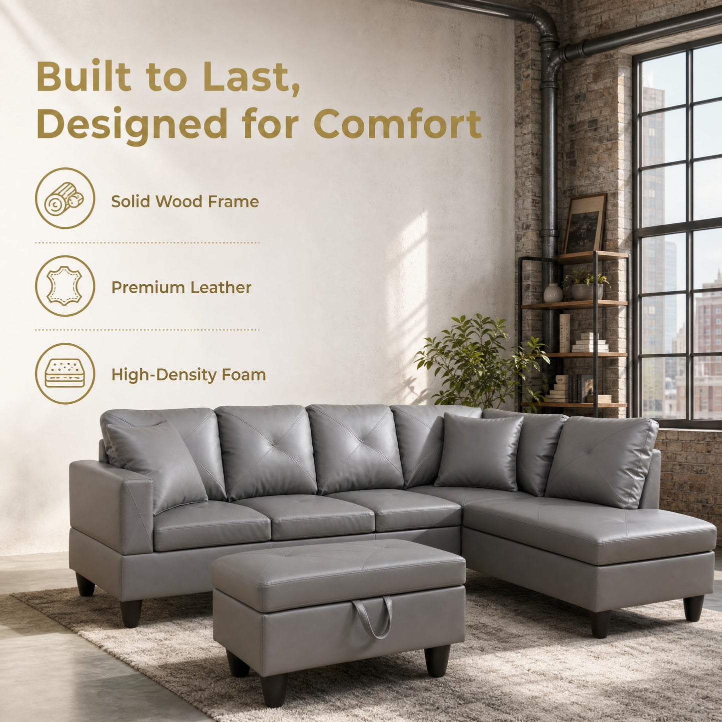 Trygoal 97" Leather L Shaped Couch with Right Chaise & Cup Holder, Sectional Sofas Modular Furniture Set with Storage Ottoman, Convertible Couches for Living Room, Small Space & Office (Grey)