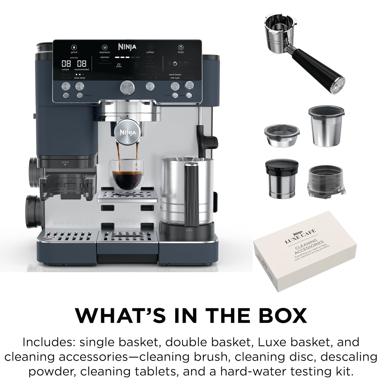 Ninja Luxe Café Premier 3-in-1 Espresso Machine, Drip Coffee, & Rapid Cold Brew | Built-in Coffee Grinder, Hands-Free Milk Frother, Assisted Tamper for Cappuccinos & Lattes | Cyberspace | ES601CY