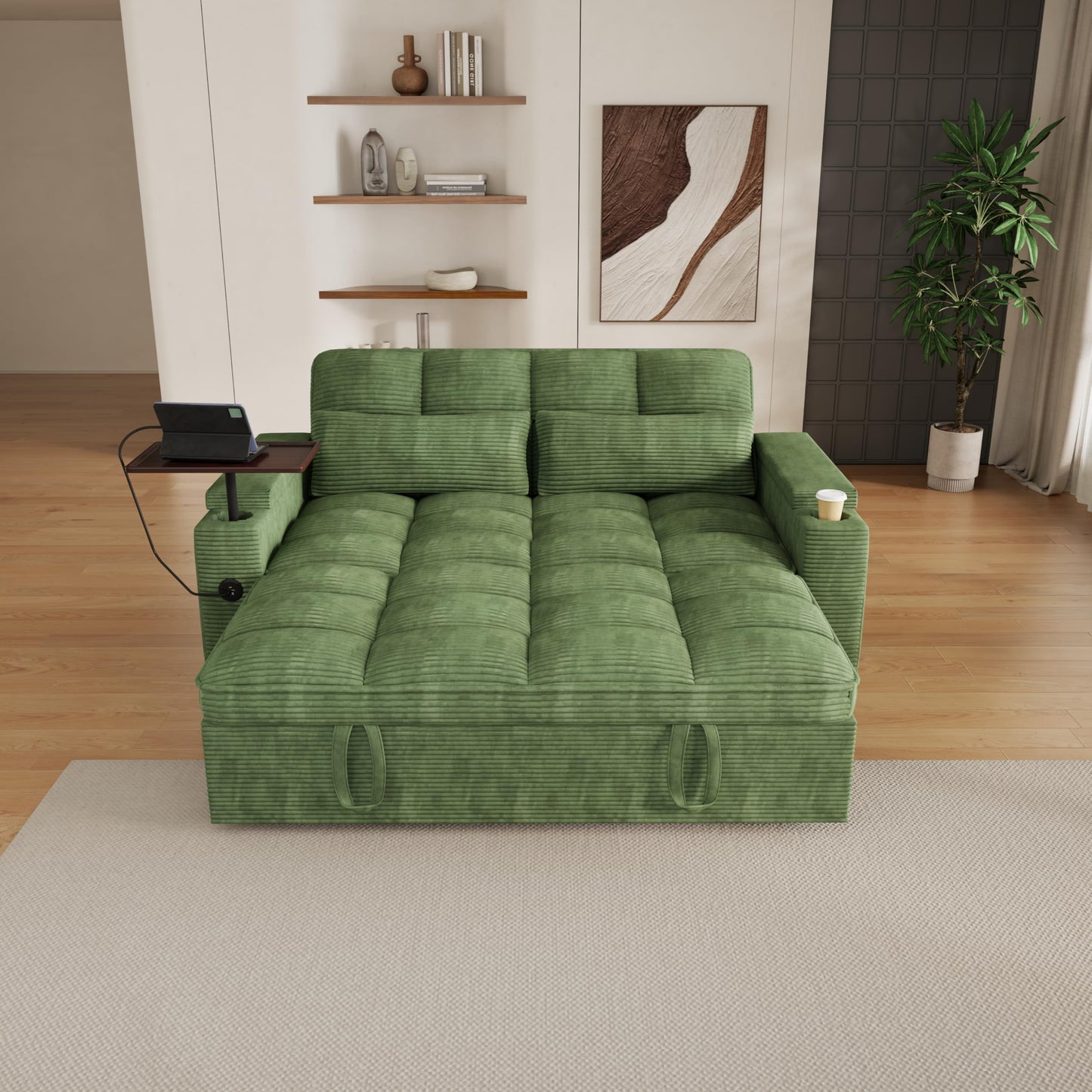 KEIKI 65" 3-in-1 Pull-Out Sofa Bed, Convertible Corduroy Sleeper Couch with Adjustable Backrest, USB Charging Ports & Storage Arms, Compact Futon Sofa for Guest Rooms, Studios & Small Living Spaces