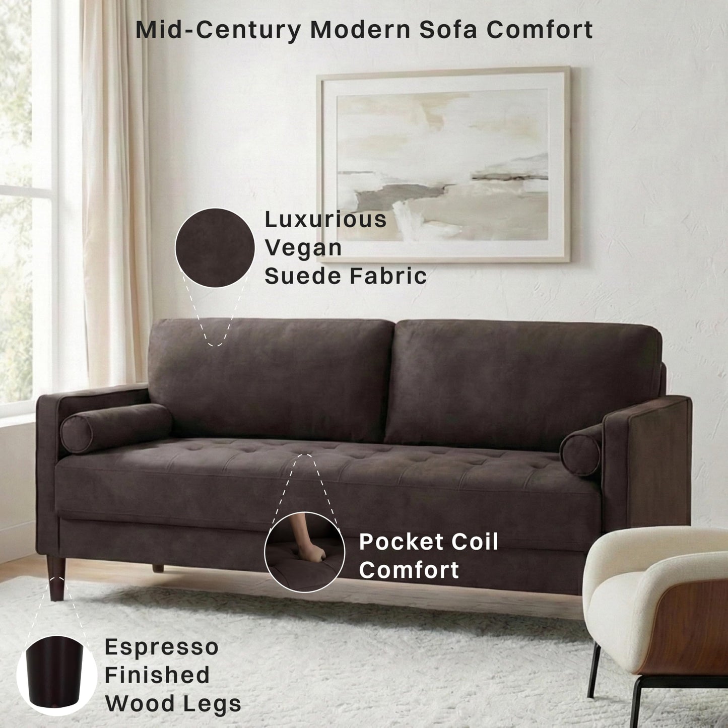 Studio Living® Lexington 75.6" Sofa, Modern Design, Pocket Coil Comfort, Easy Assembly, Faux-Suede Fabric, Charcoal